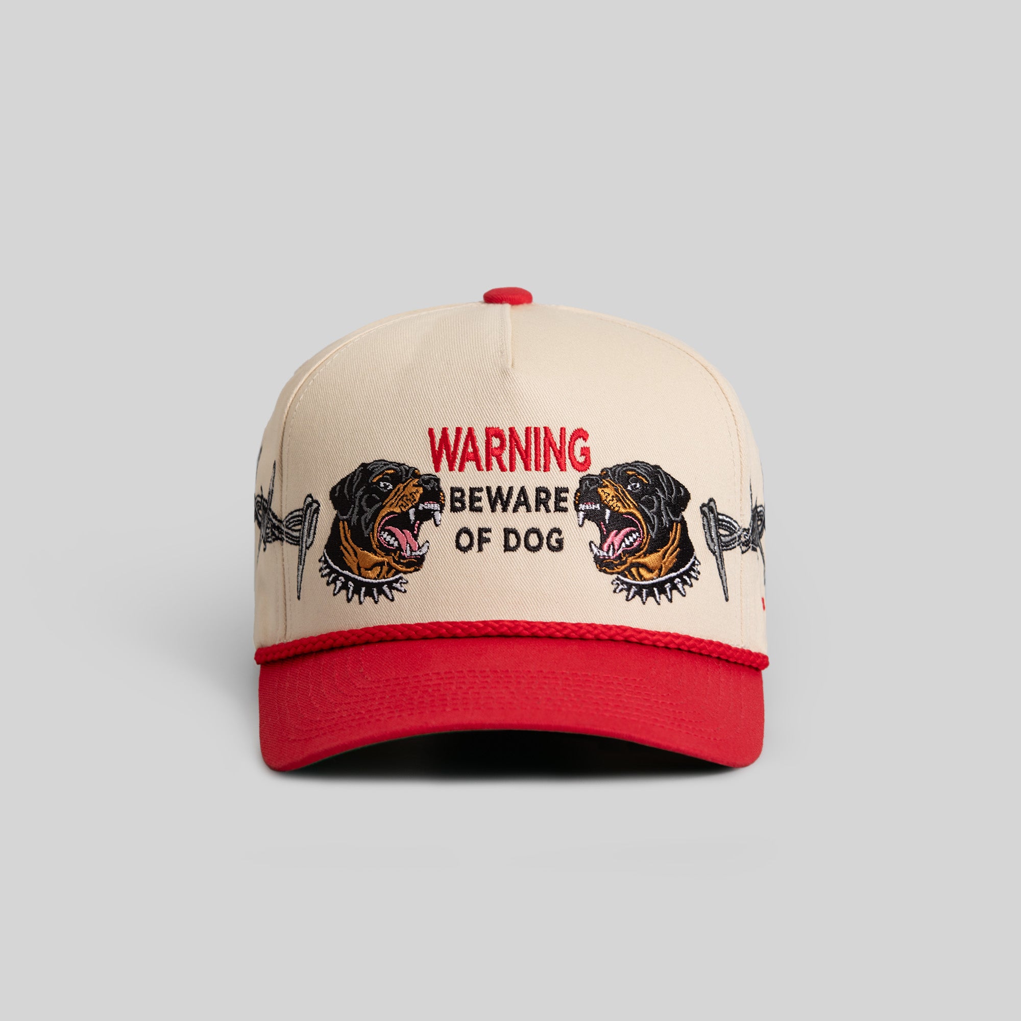 BEWARE OF ROTTY BARBED WIRE SAND RED TWILL TRUCKER