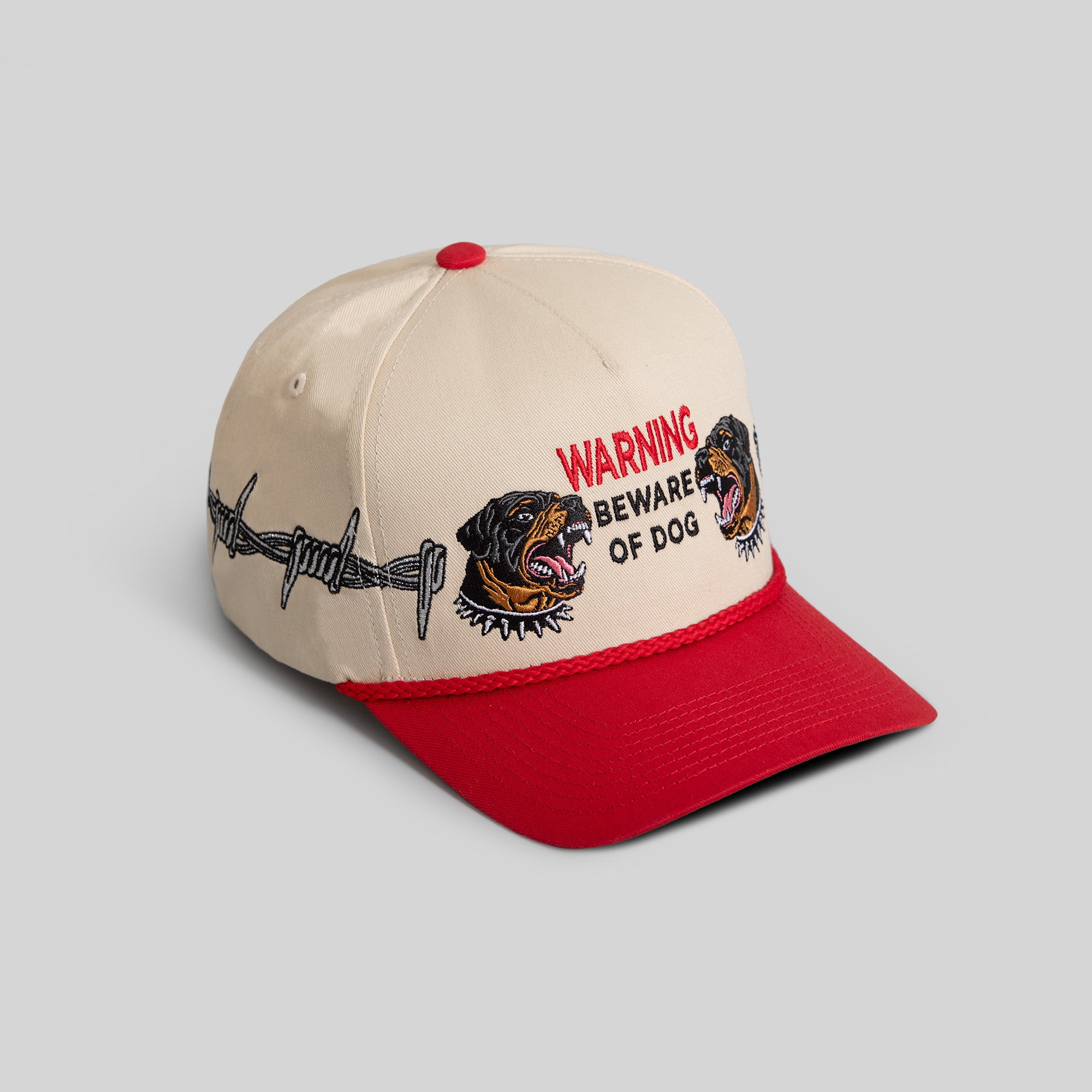 BEWARE OF ROTTY BARBED WIRE SAND RED TWILL TRUCKER