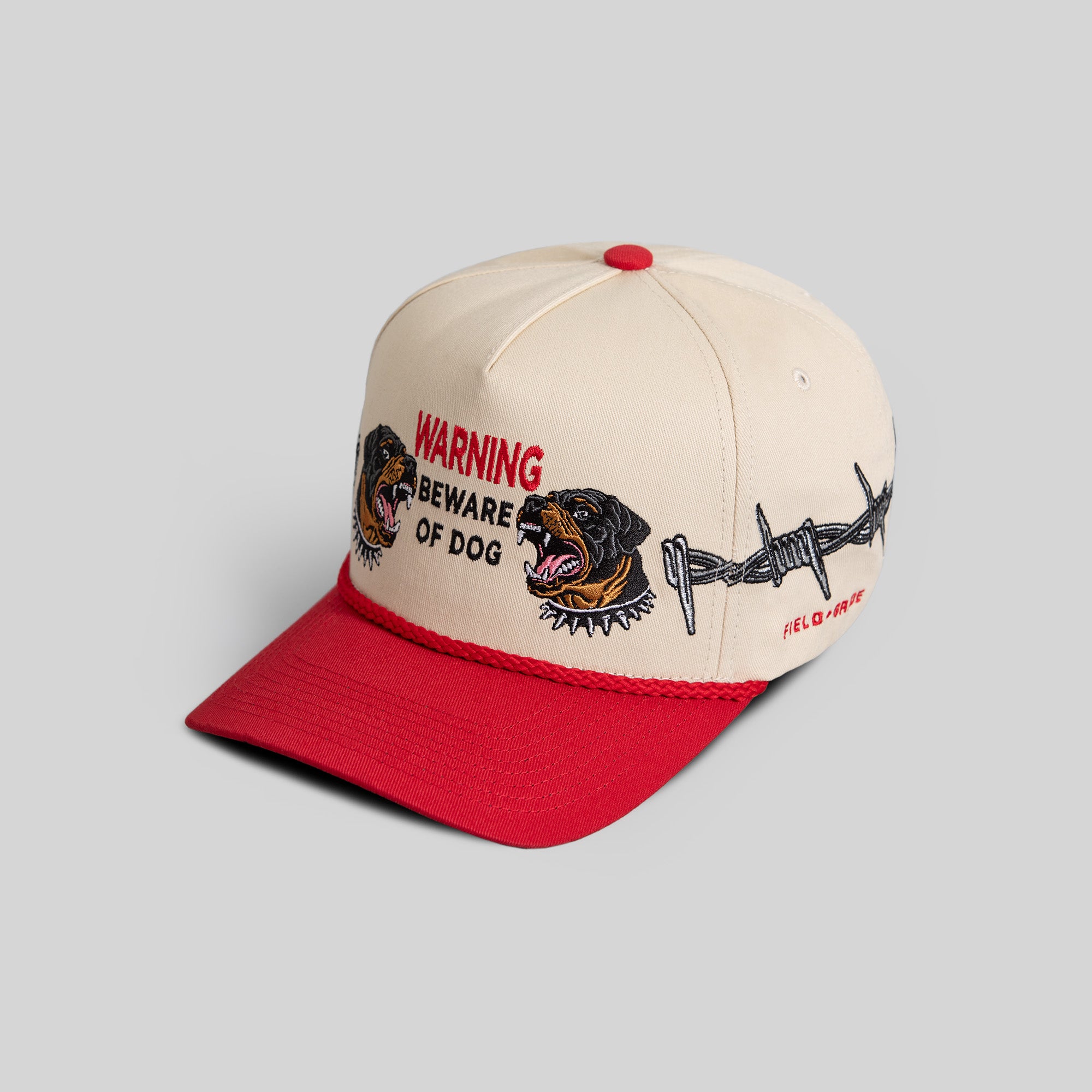 BEWARE OF ROTTY BARBED WIRE SAND RED TWILL TRUCKER