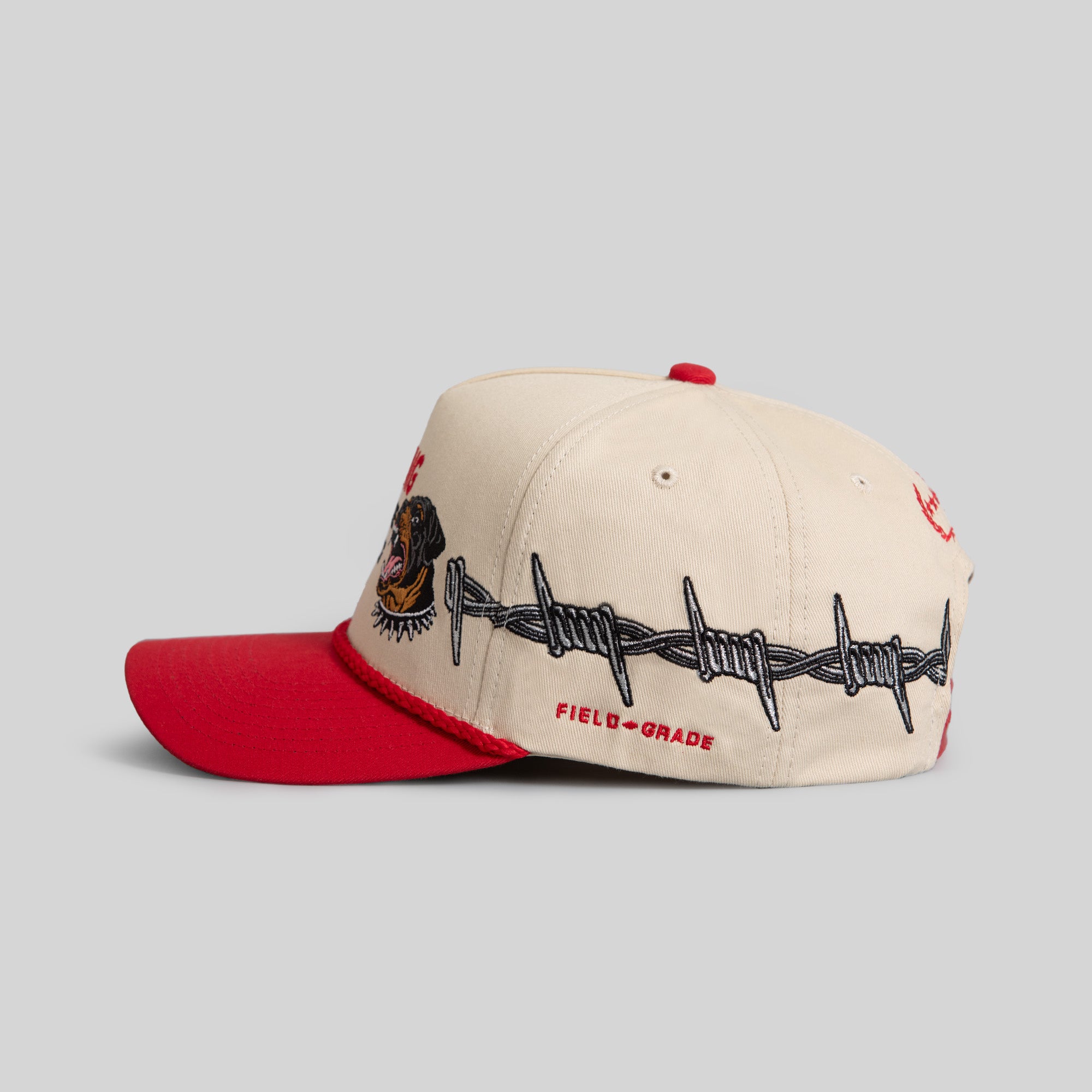 BEWARE OF ROTTY BARBED WIRE SAND RED TWILL TRUCKER