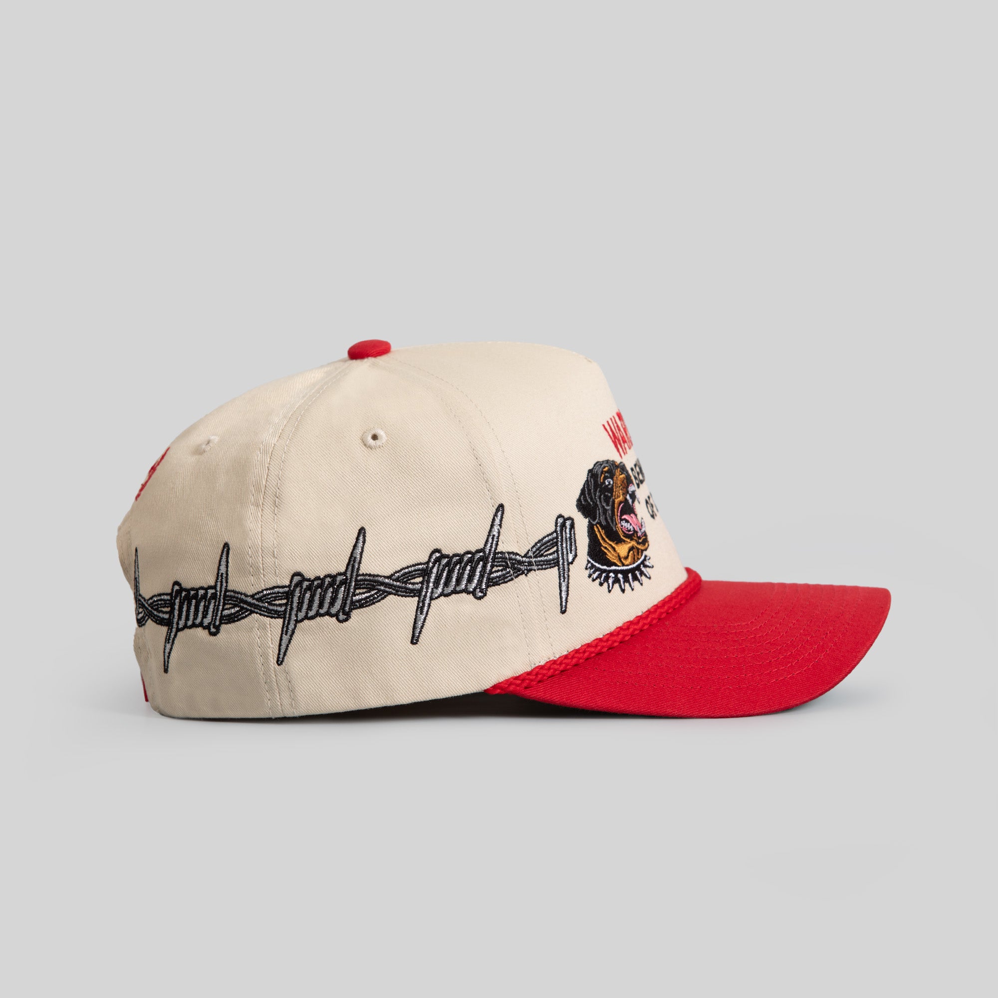 BEWARE OF ROTTY BARBED WIRE SAND RED TWILL TRUCKER