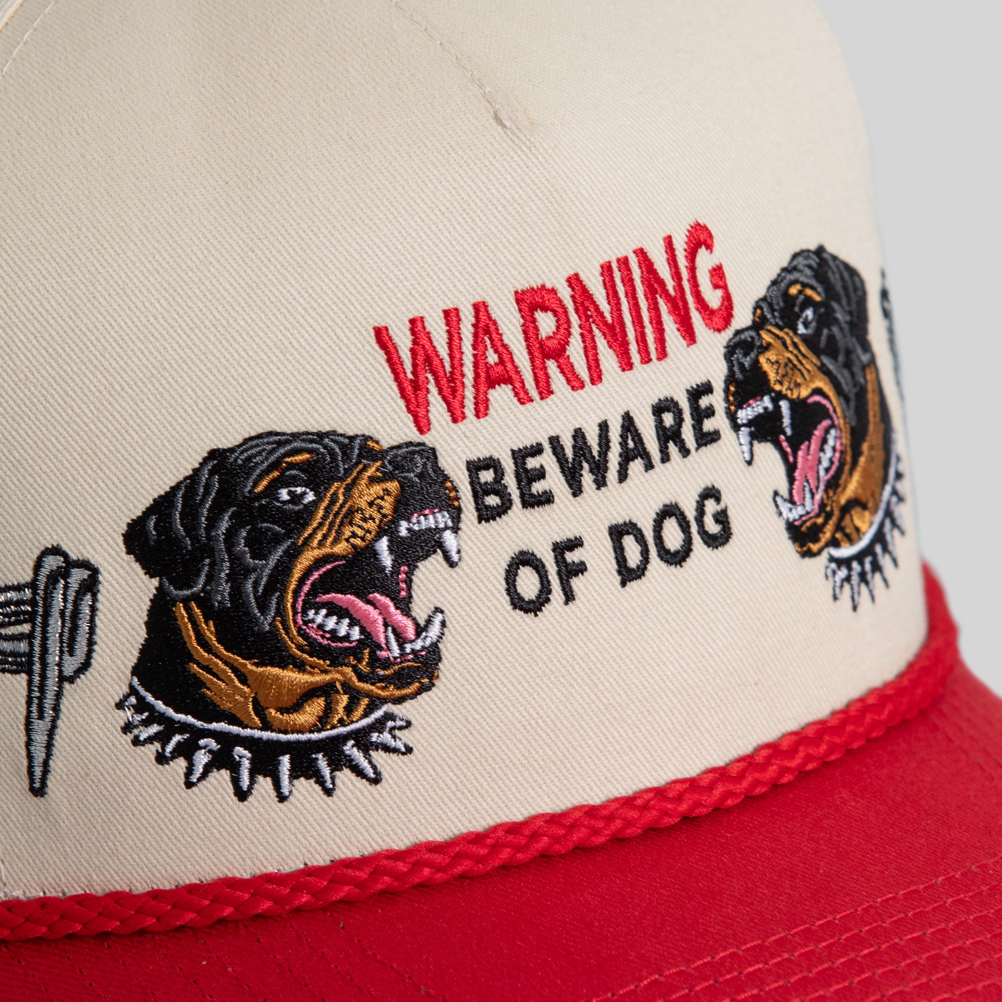 BEWARE OF ROTTY BARBED WIRE SAND RED TWILL TRUCKER