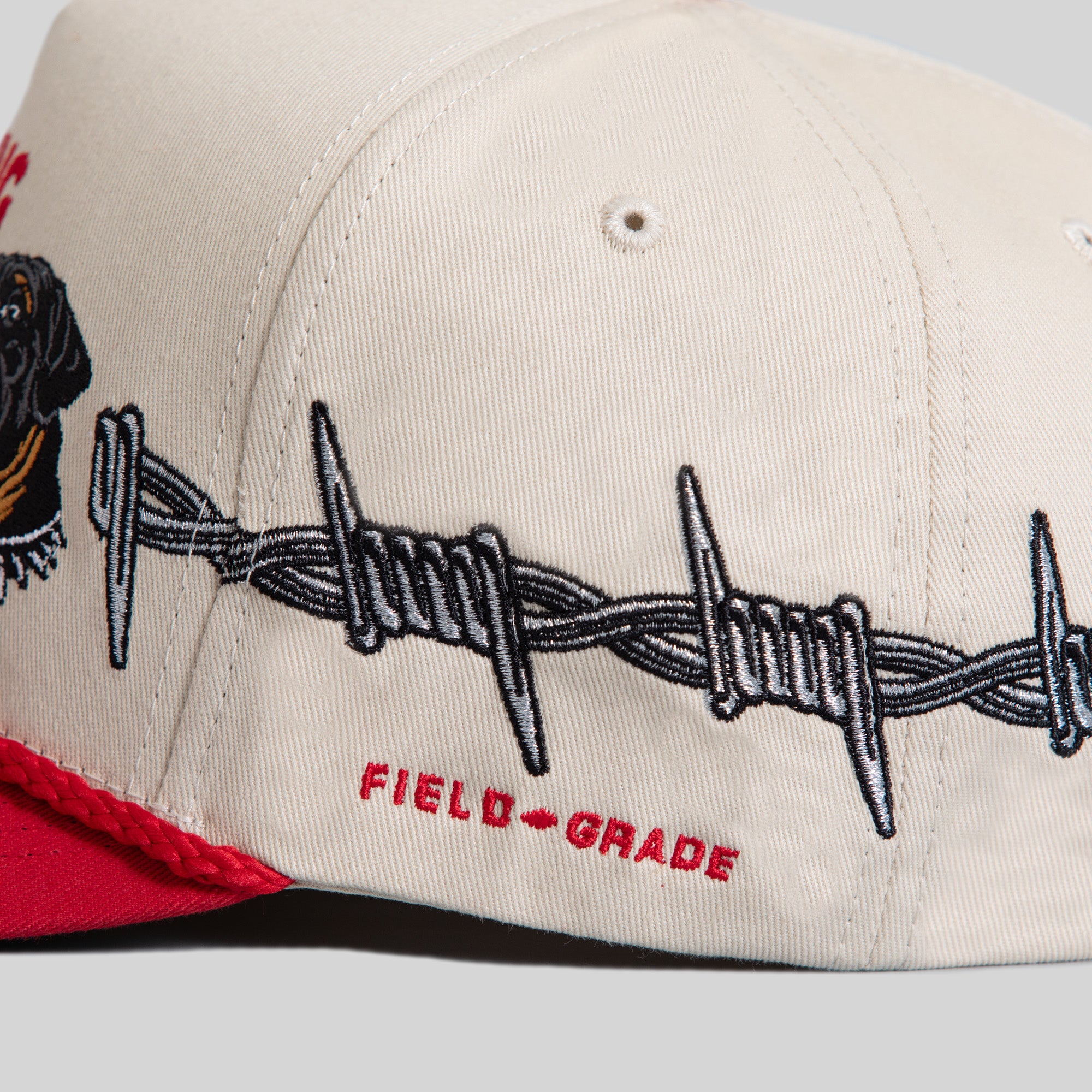 BEWARE OF ROTTY BARBED WIRE SAND RED TWILL TRUCKER