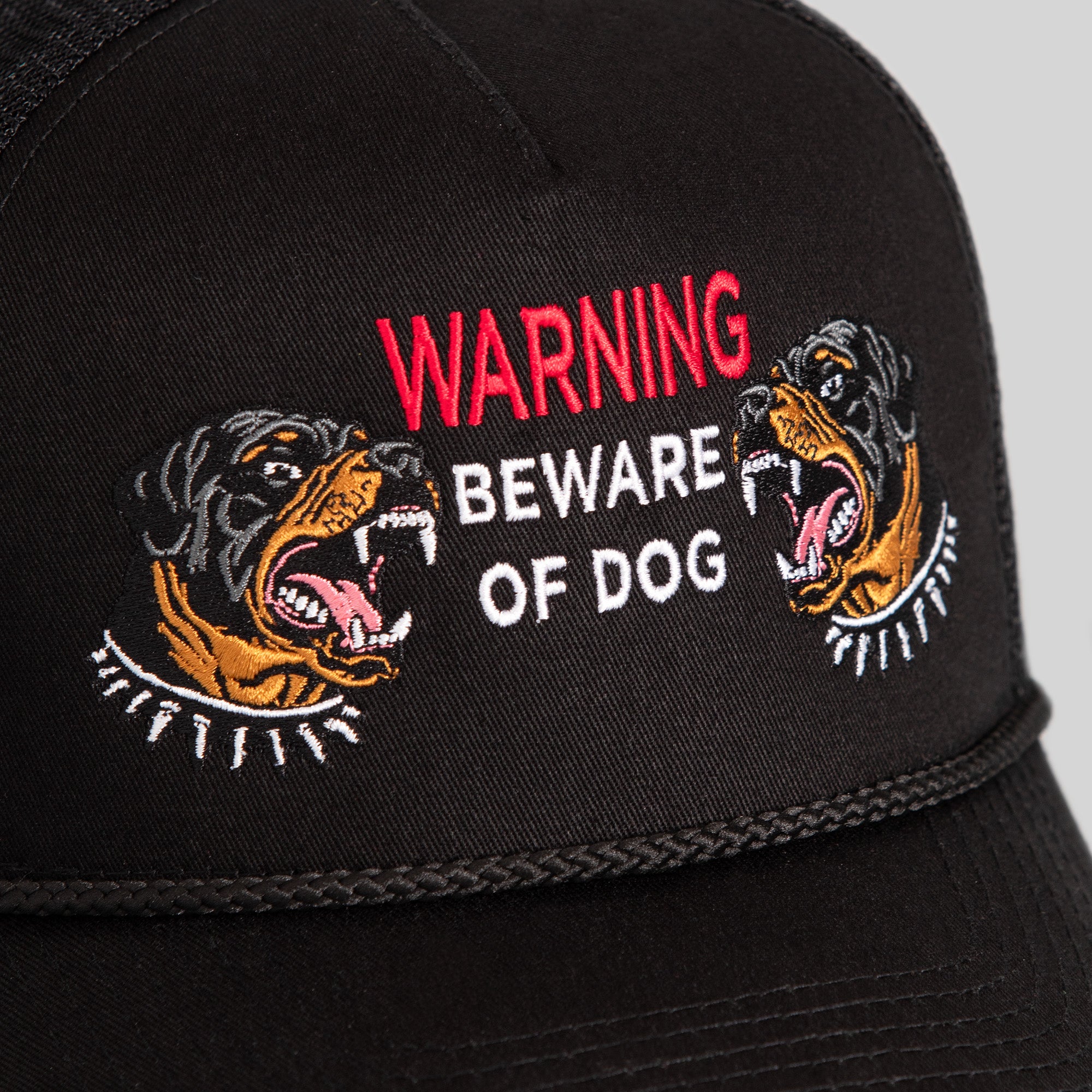 BEWARE OF ROTTY BLACK TWILL MESHBACK TRUCKER HAT