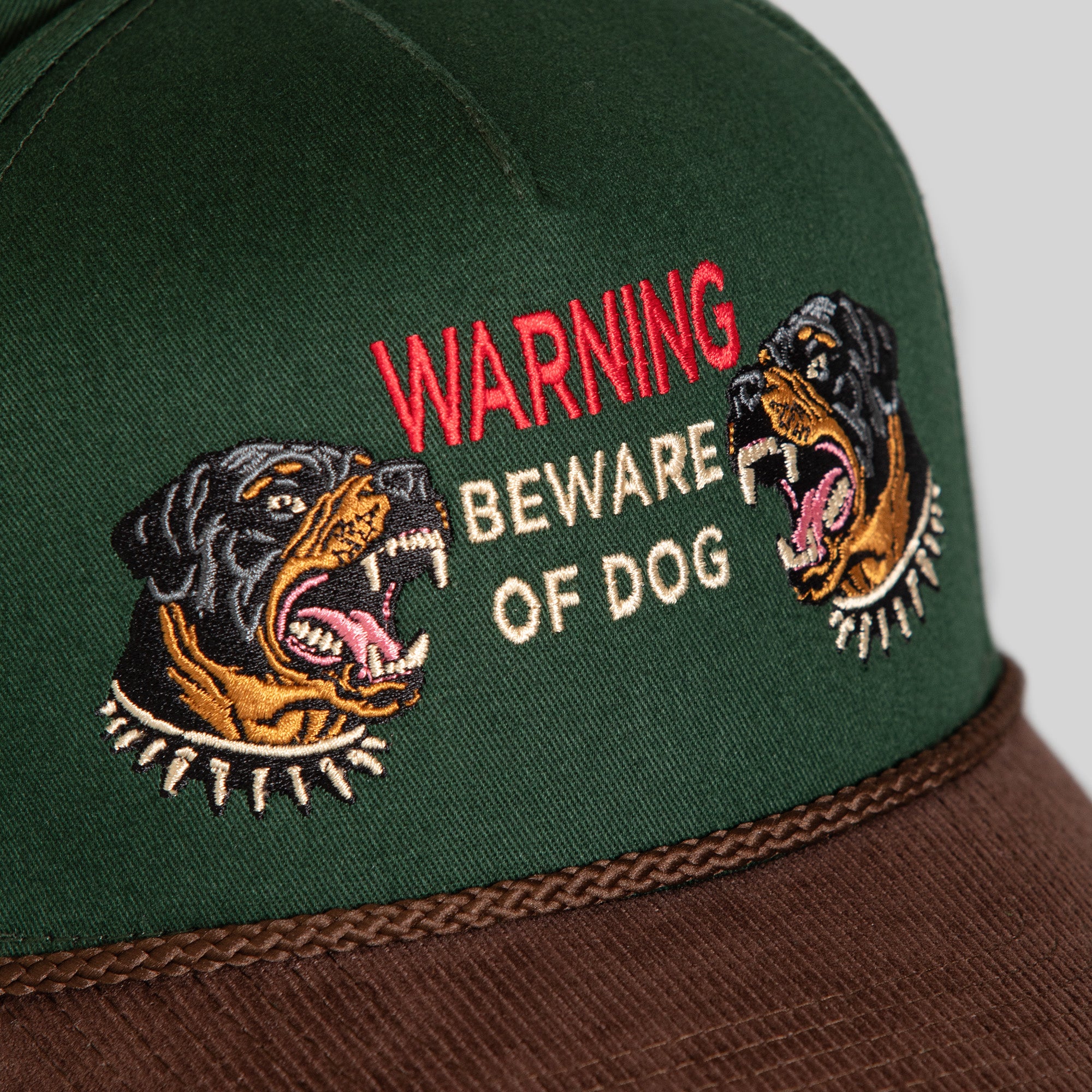 BEWARE OF ROTTY FG GREEN MOCHA TWILL CORDUROY TRUCKER