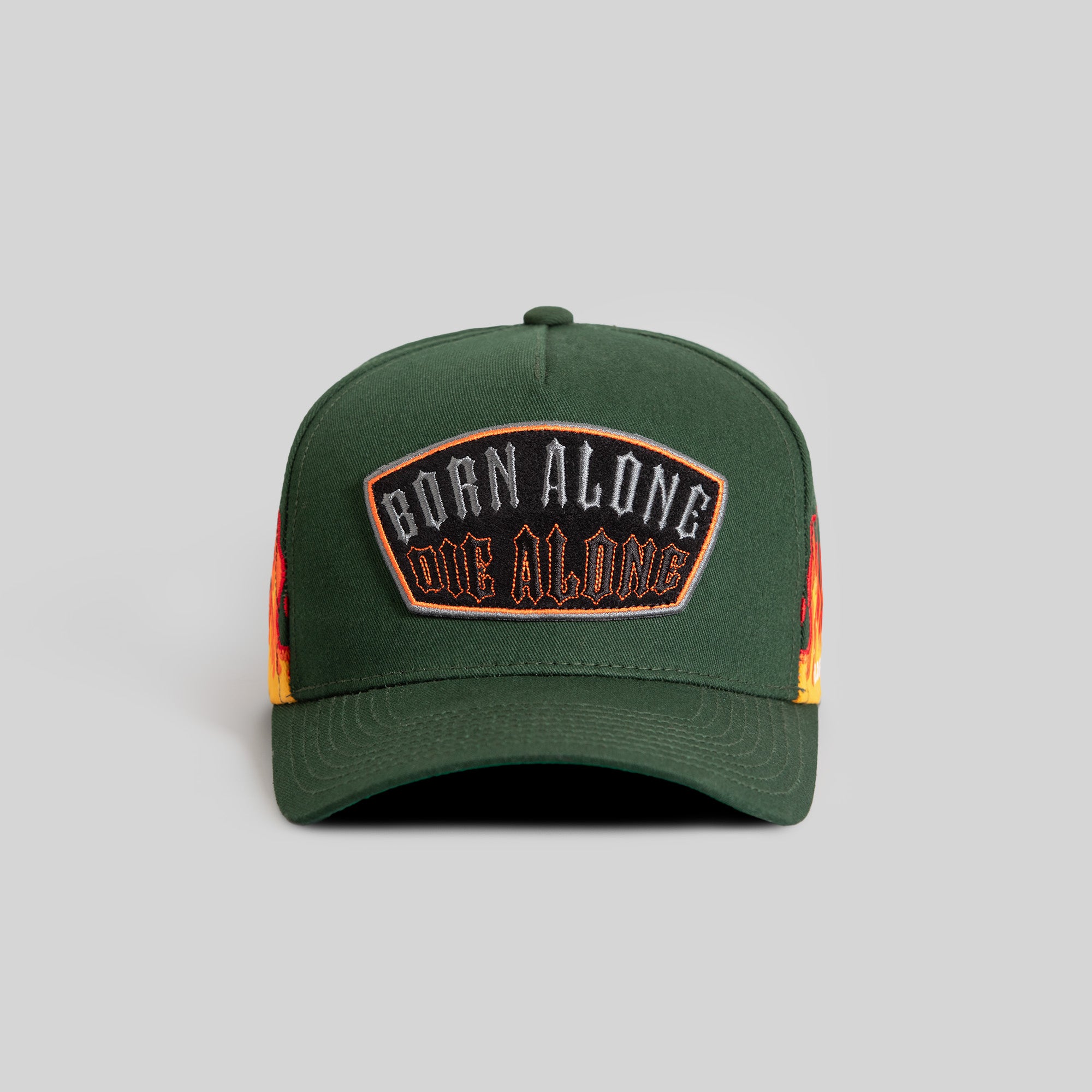 BORN ALONE FLAMES FG GREEN TWILL TRUCKER