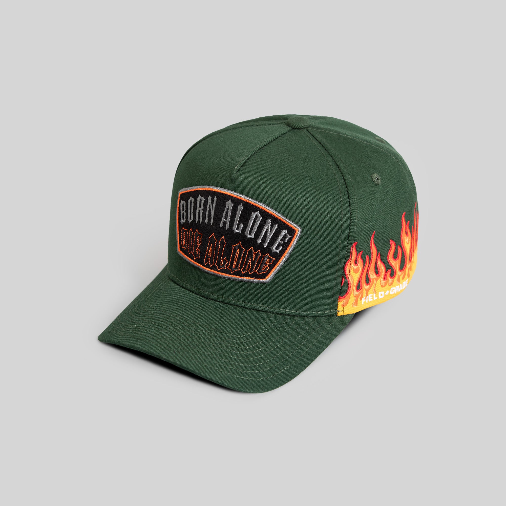 BORN ALONE FLAMES FG GREEN TWILL TRUCKER