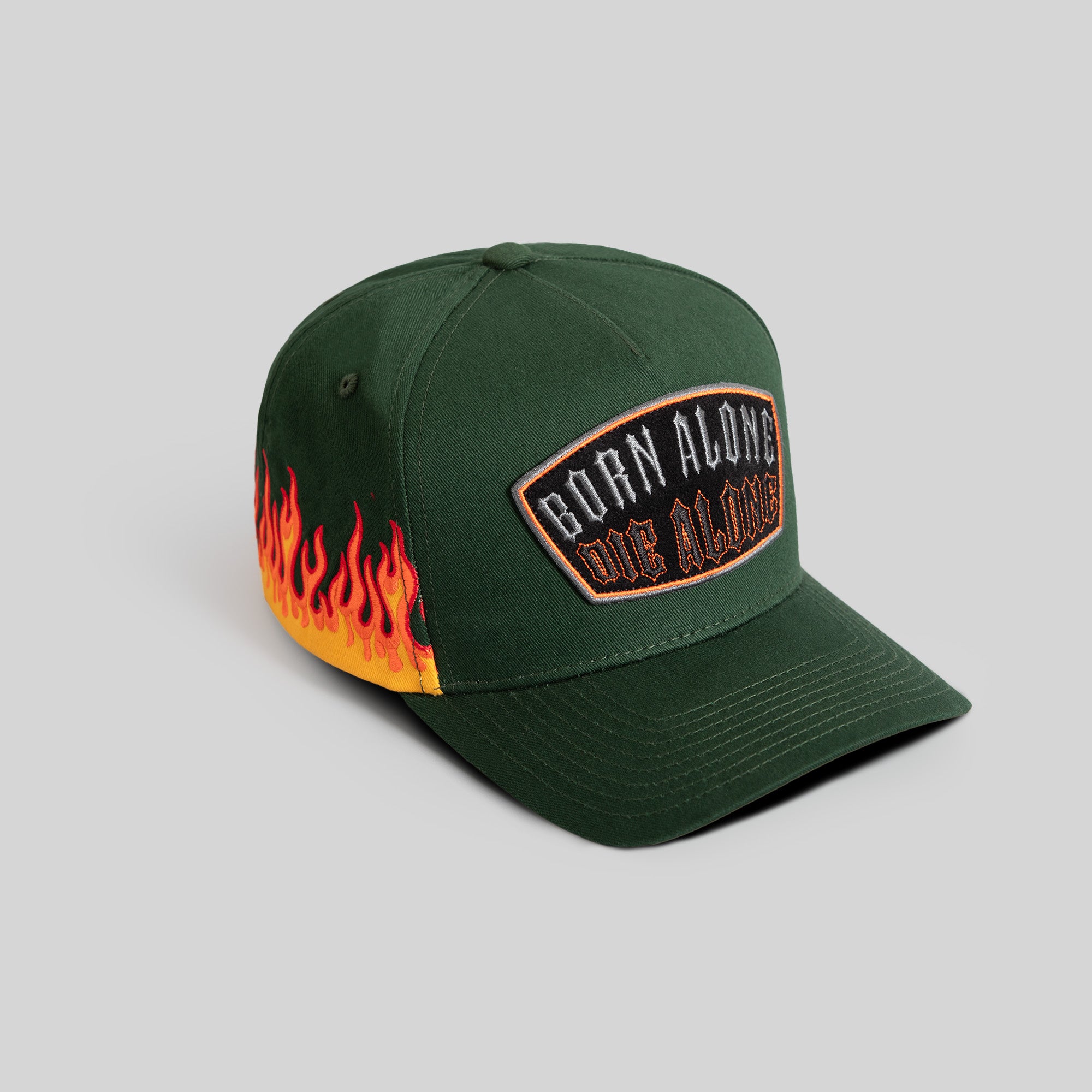 BORN ALONE FLAMES FG GREEN TWILL TRUCKER