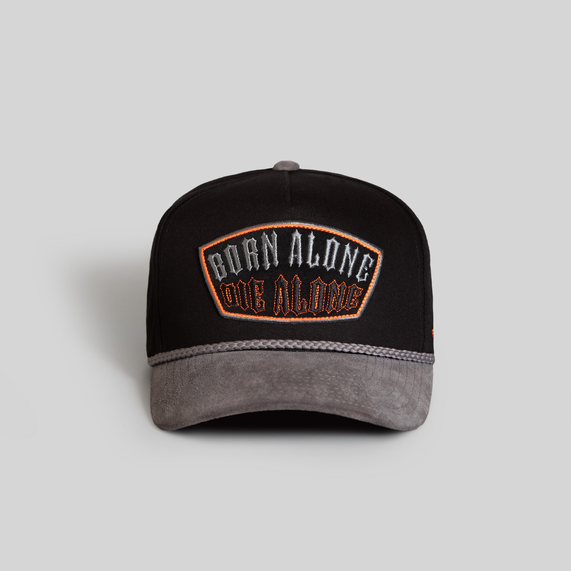 BORN ALONE BLACK GREY TWILL SUEDE TRUCKER HAT