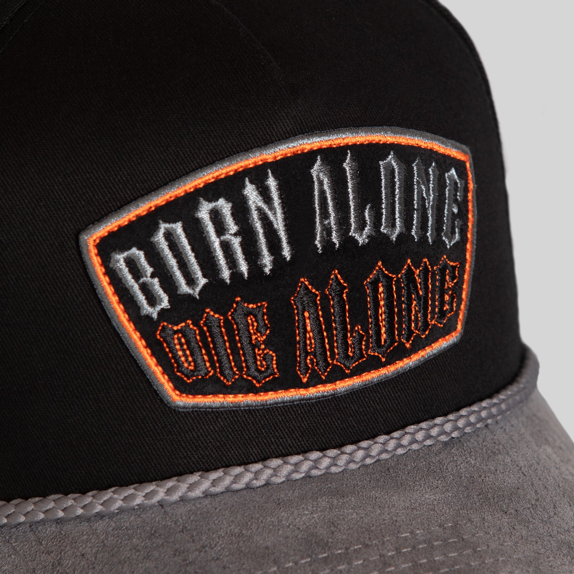 BORN ALONE BLACK GREY TWILL SUEDE TRUCKER HAT