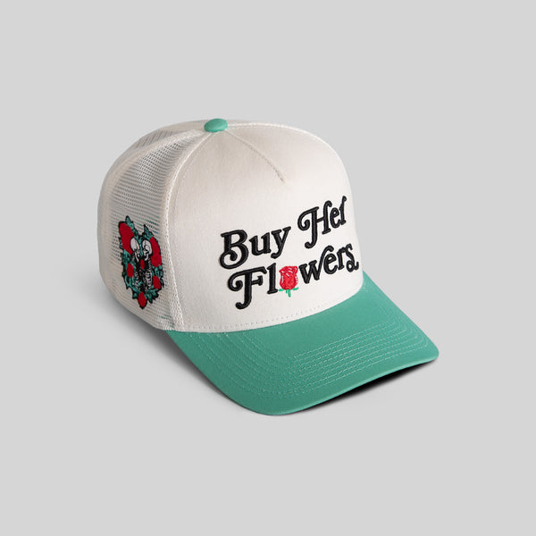 BUY HER FLOWERS OFF WHITE MINT TWILL MESH TRUCKER display picture 1