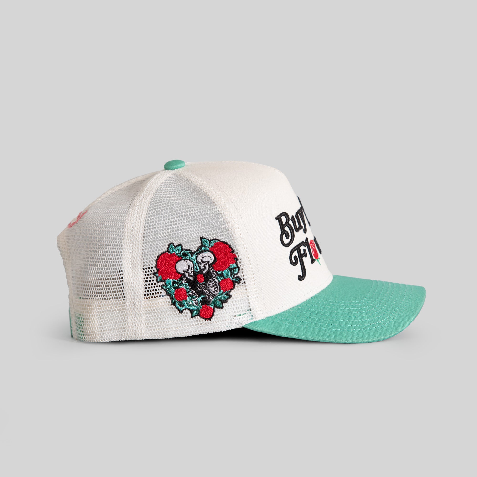 BUY HER FLOWERS OFF WHITE MINT TWILL MESH TRUCKER