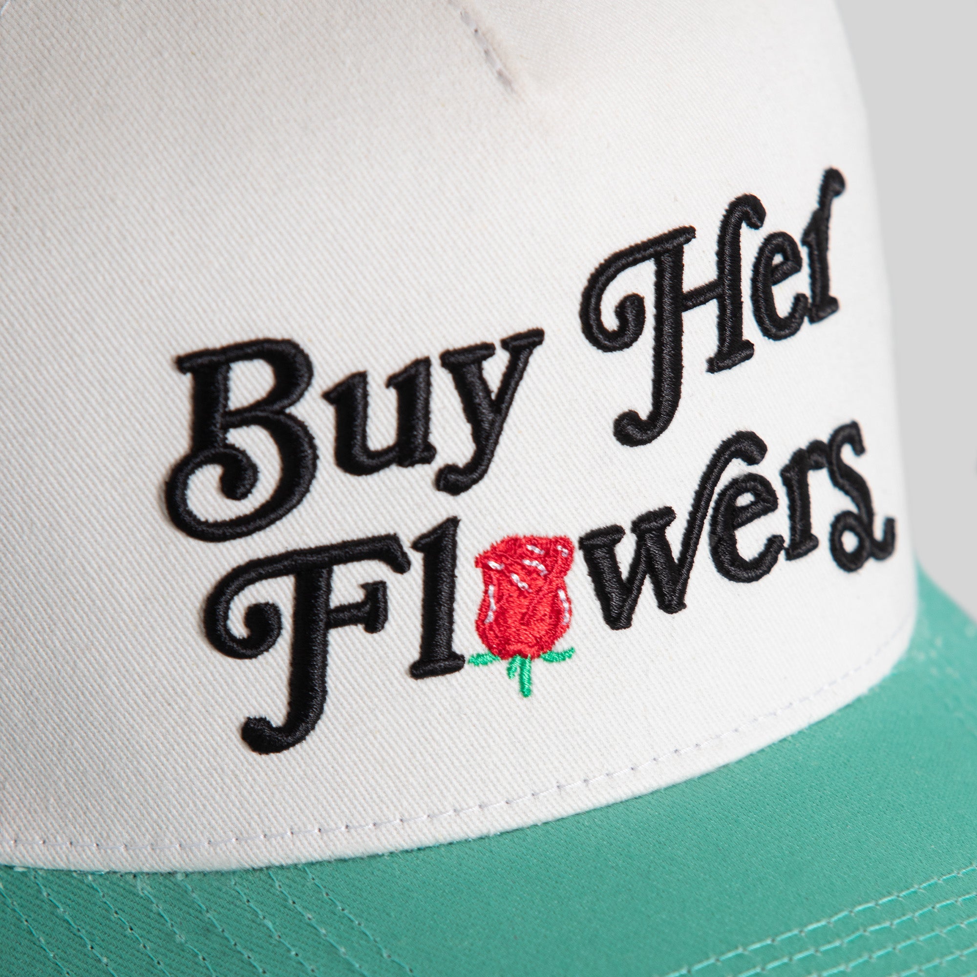 BUY HER FLOWERS OFF WHITE MINT TWILL MESH TRUCKER