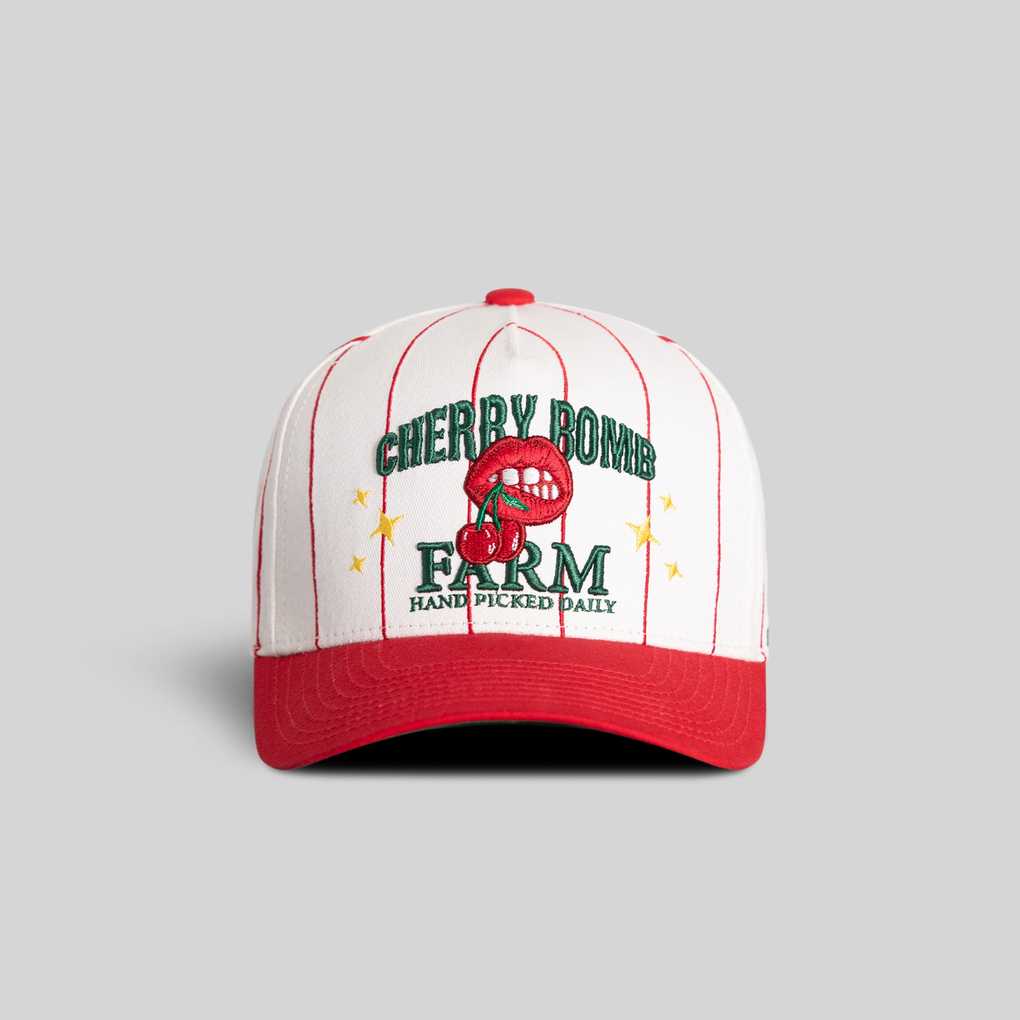 CHERRY BOMB PINSTRIPE TWILL TRUCKER