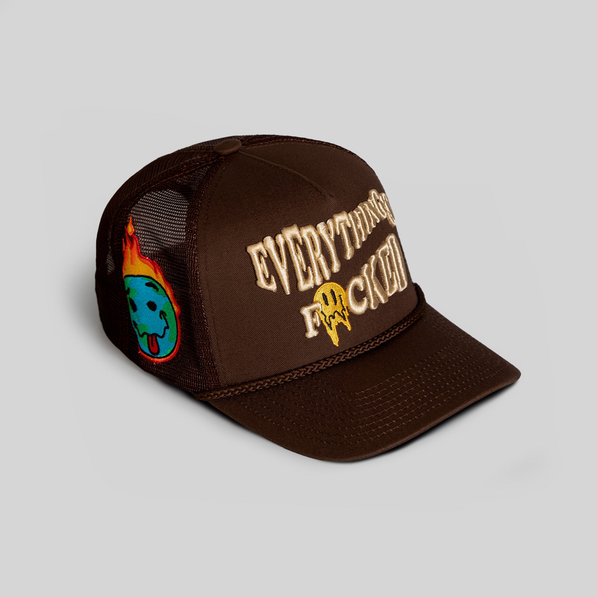 EVERYTHINGS F*CKED MOCHA TWILL MESH TRUCKER