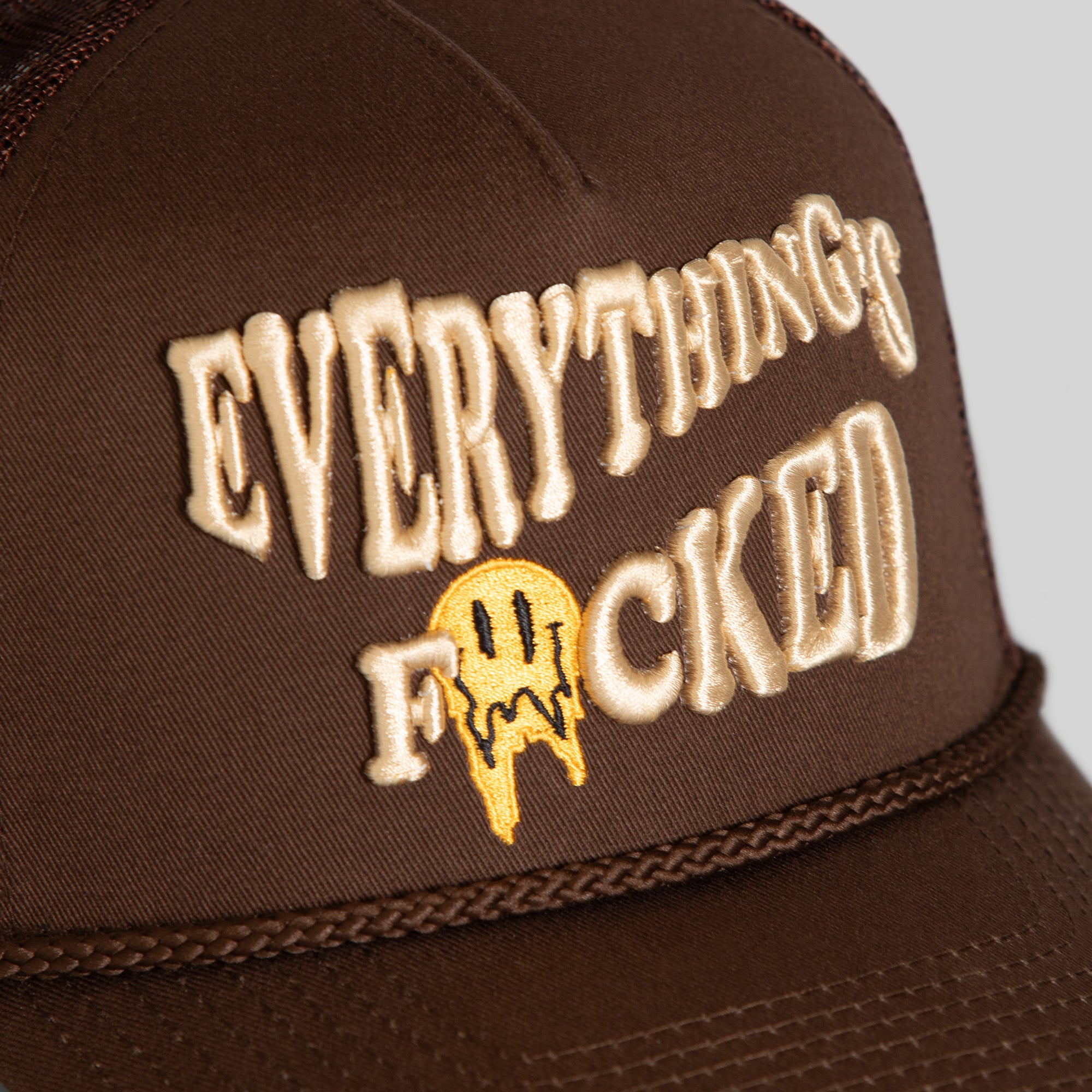 EVERYTHINGS F*CKED MOCHA TWILL MESH TRUCKER