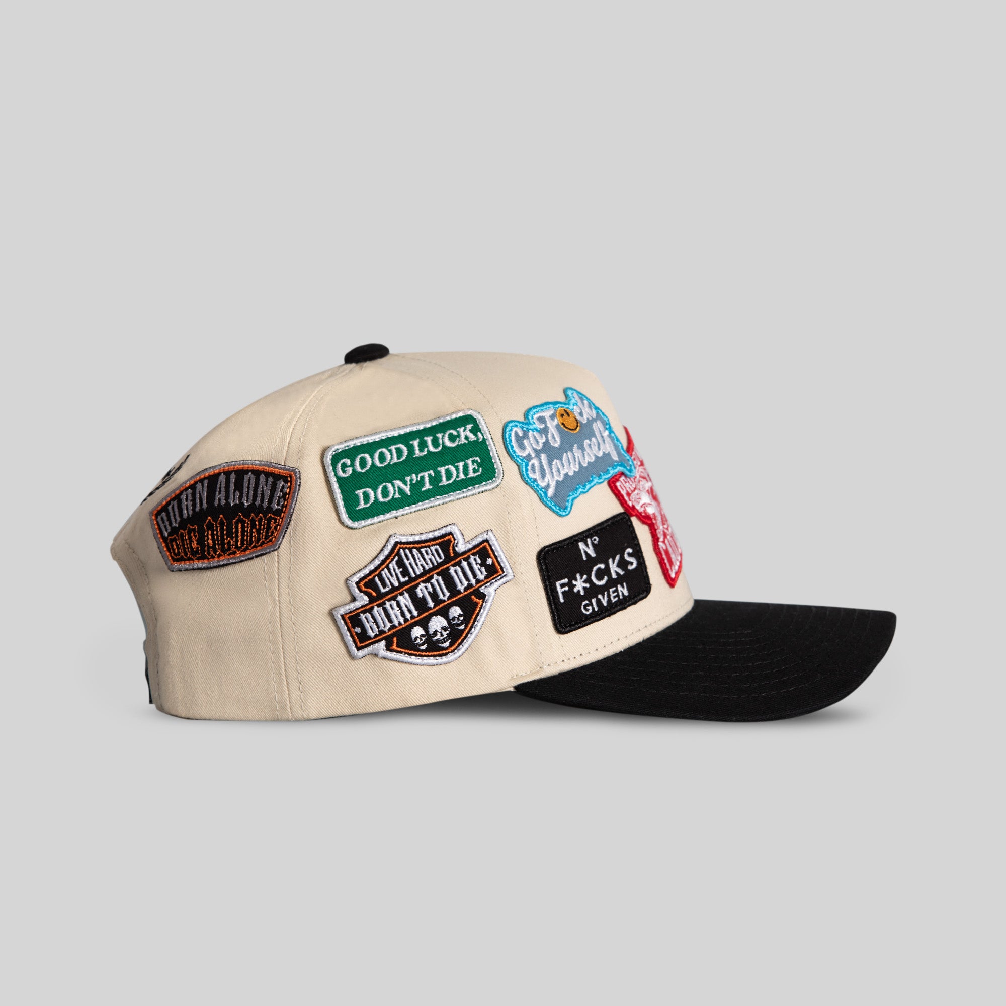 FIELD GRADE LOGOS PATCHWORK SAND BLACK TWILL TRUCKER