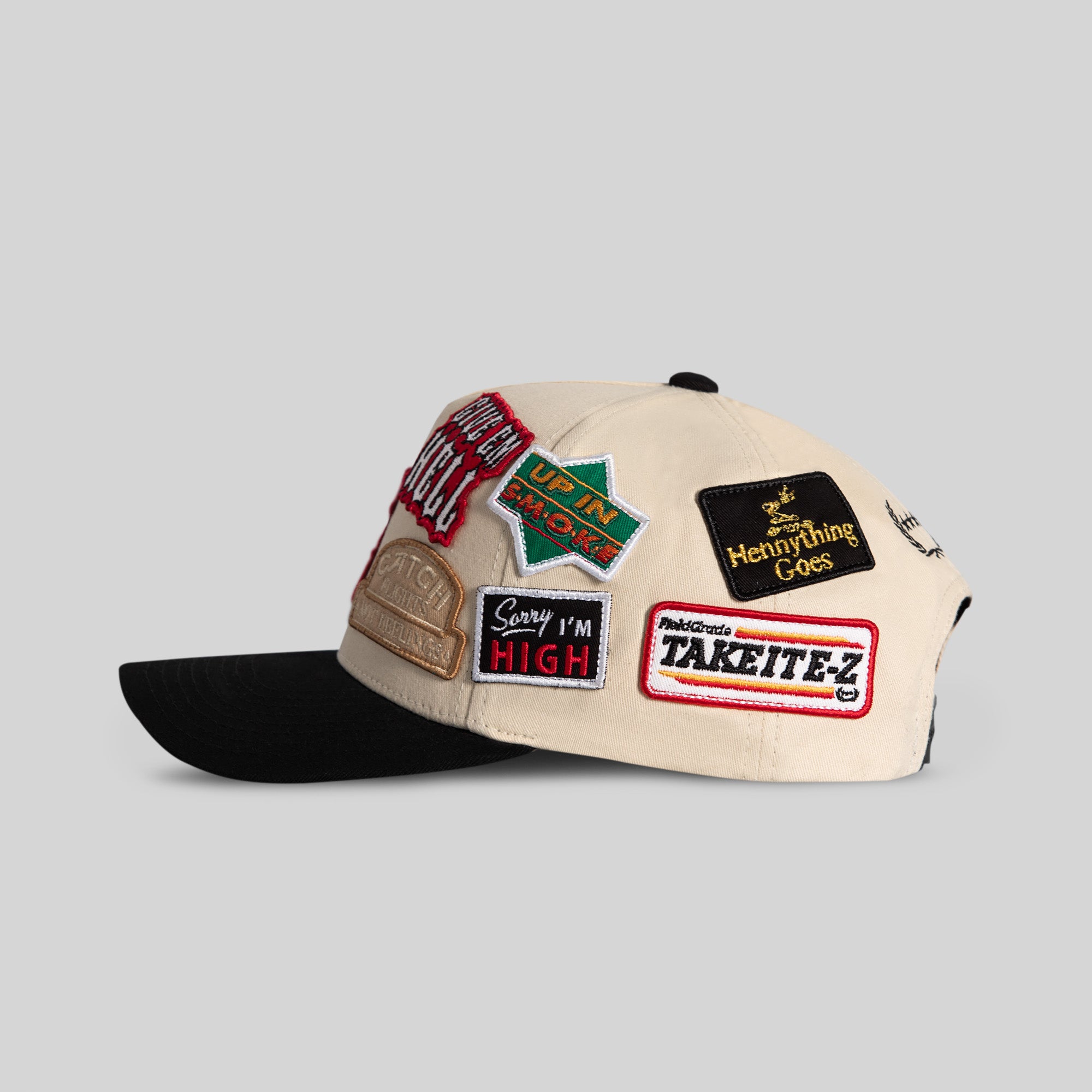 FIELD GRADE LOGOS PATCHWORK SAND BLACK TWILL TRUCKER