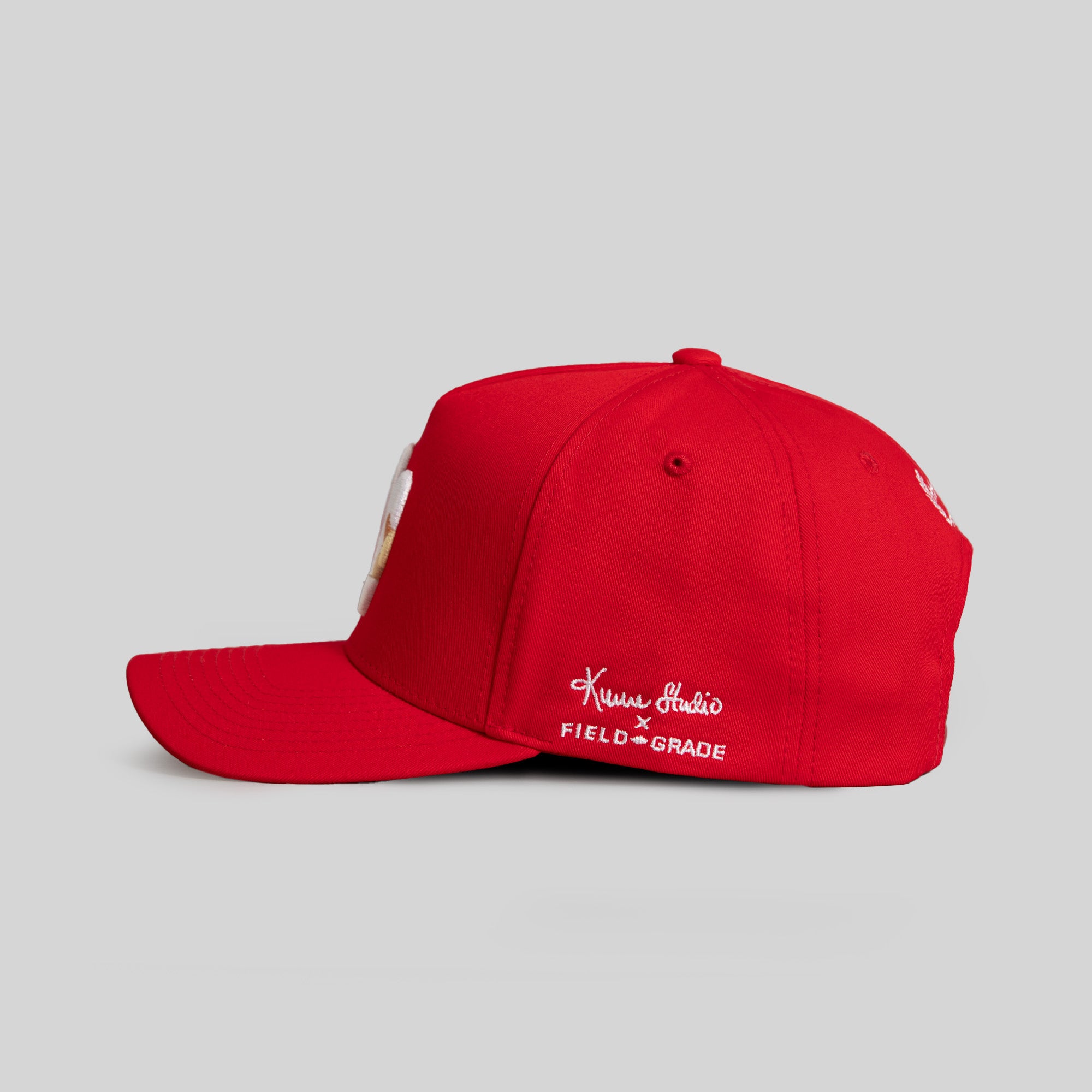 FIELD GRADE X KURVE STUDIO NY IS HEALING FIRE RED TWILL TRUCKER