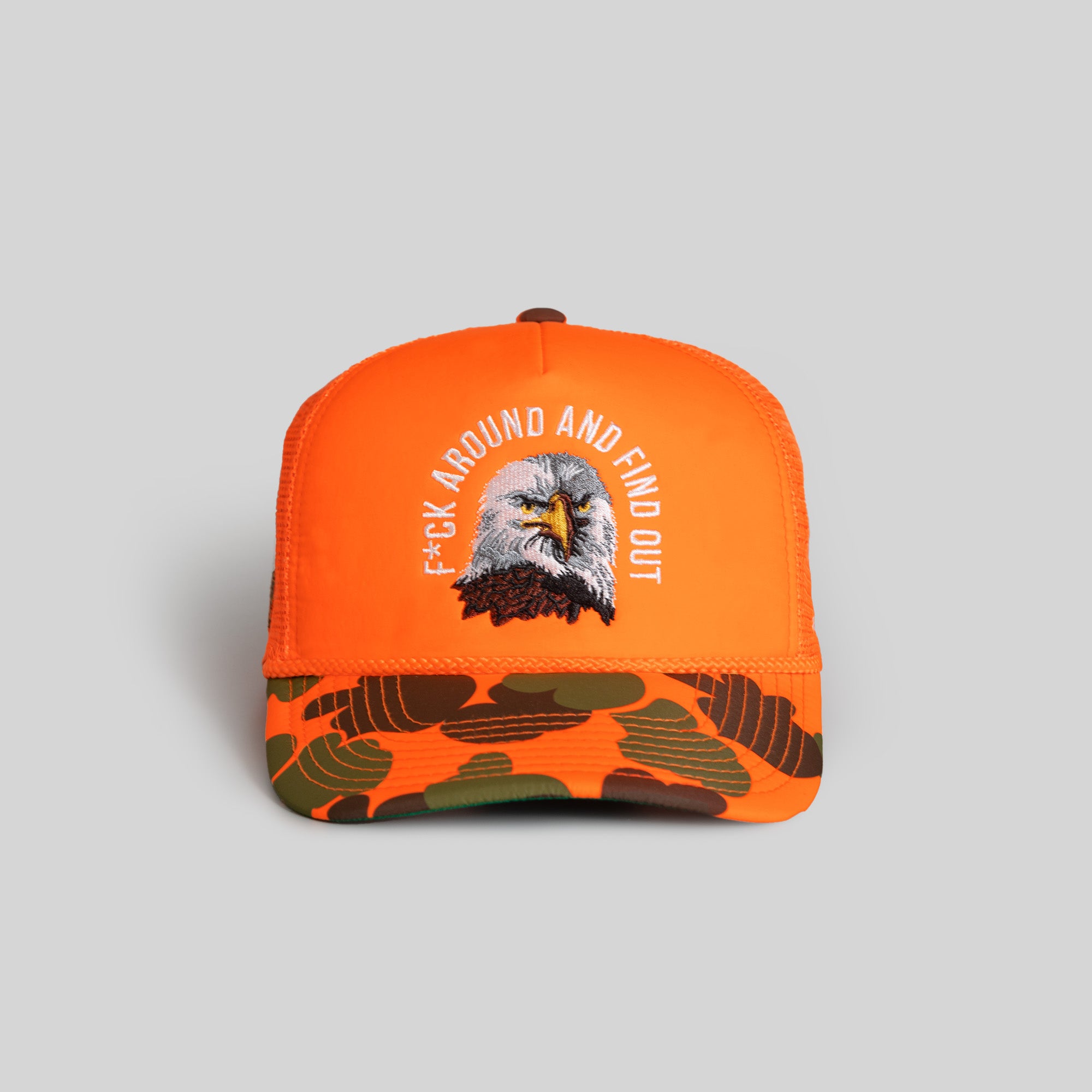 F*CK AROUND AND FIND OUT ORANGE DUCK CAMO FOAM TRUCKER