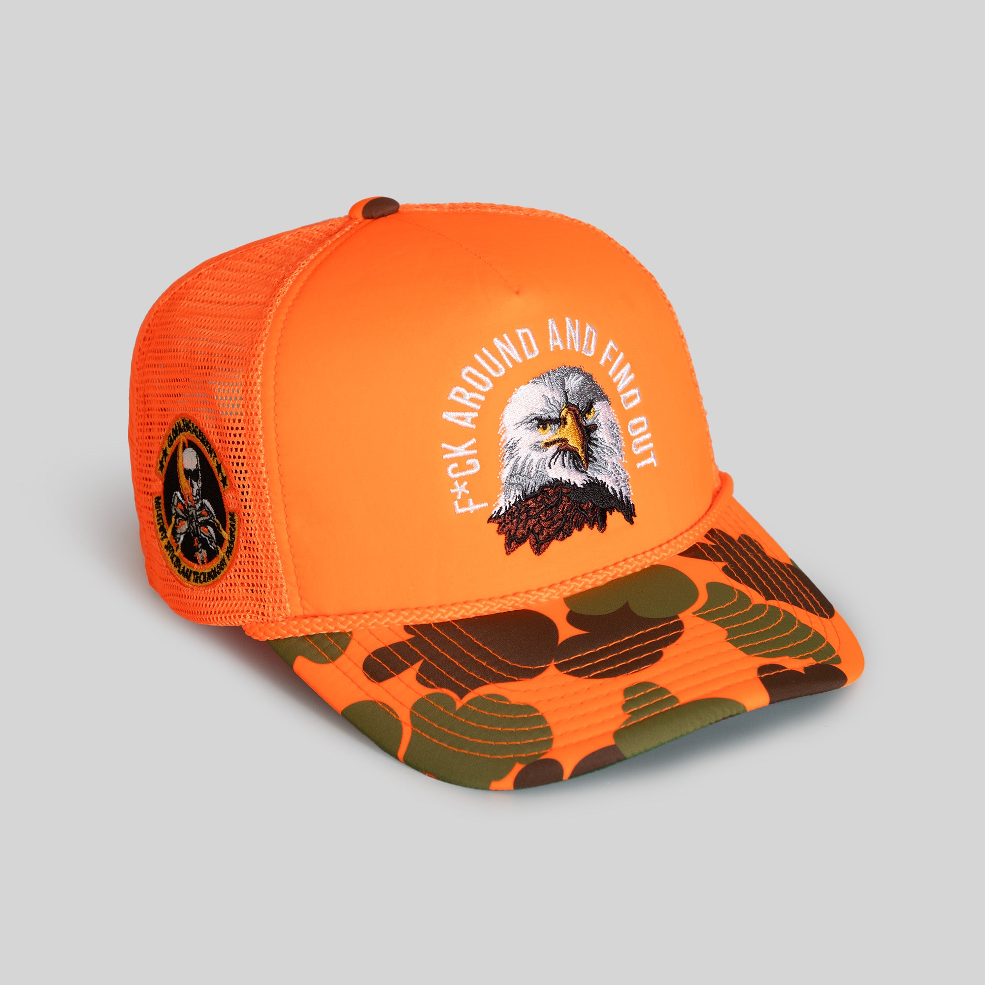 F*CK AROUND AND FIND OUT ORANGE DUCK CAMO FOAM TRUCKER