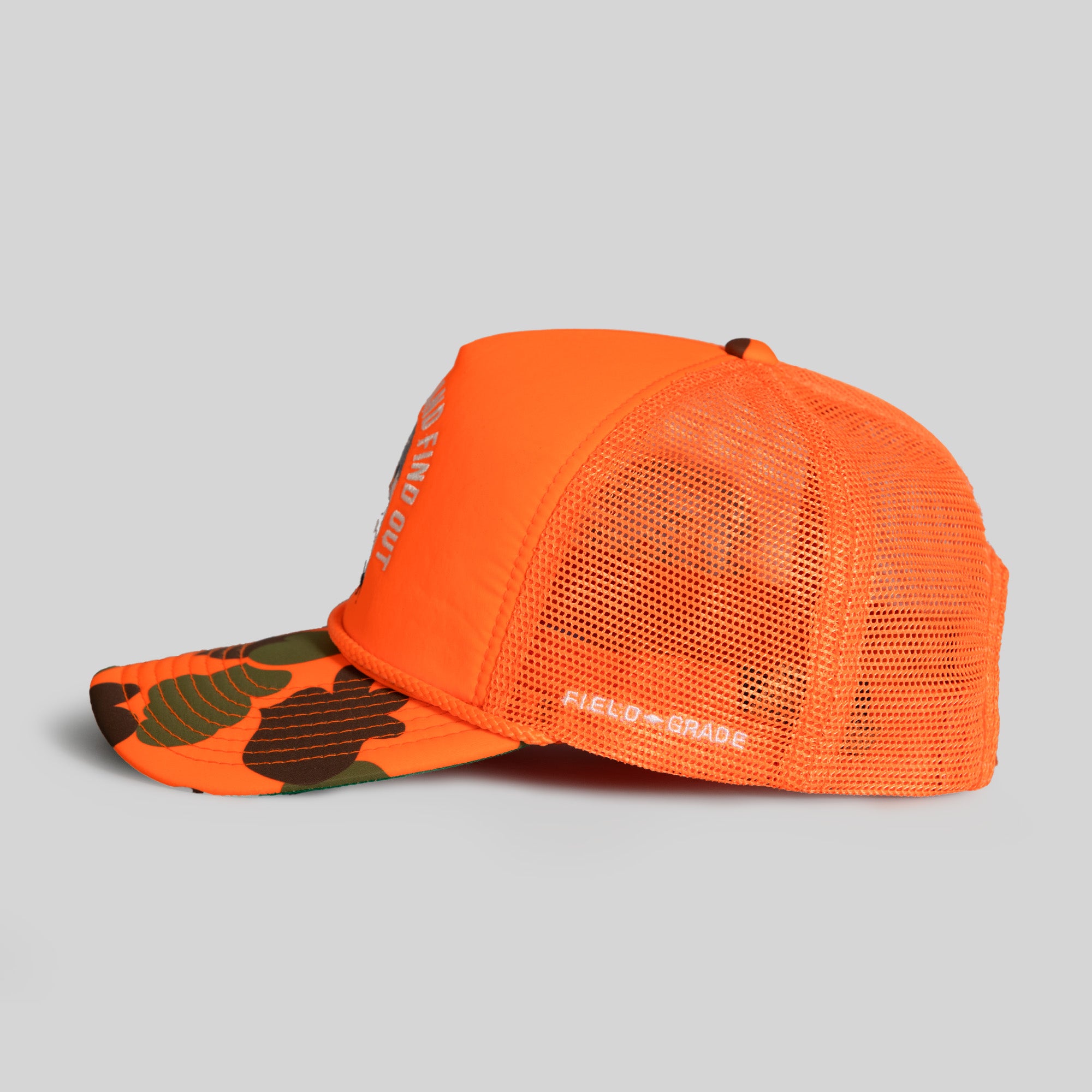 F*CK AROUND AND FIND OUT ORANGE DUCK CAMO FOAM TRUCKER