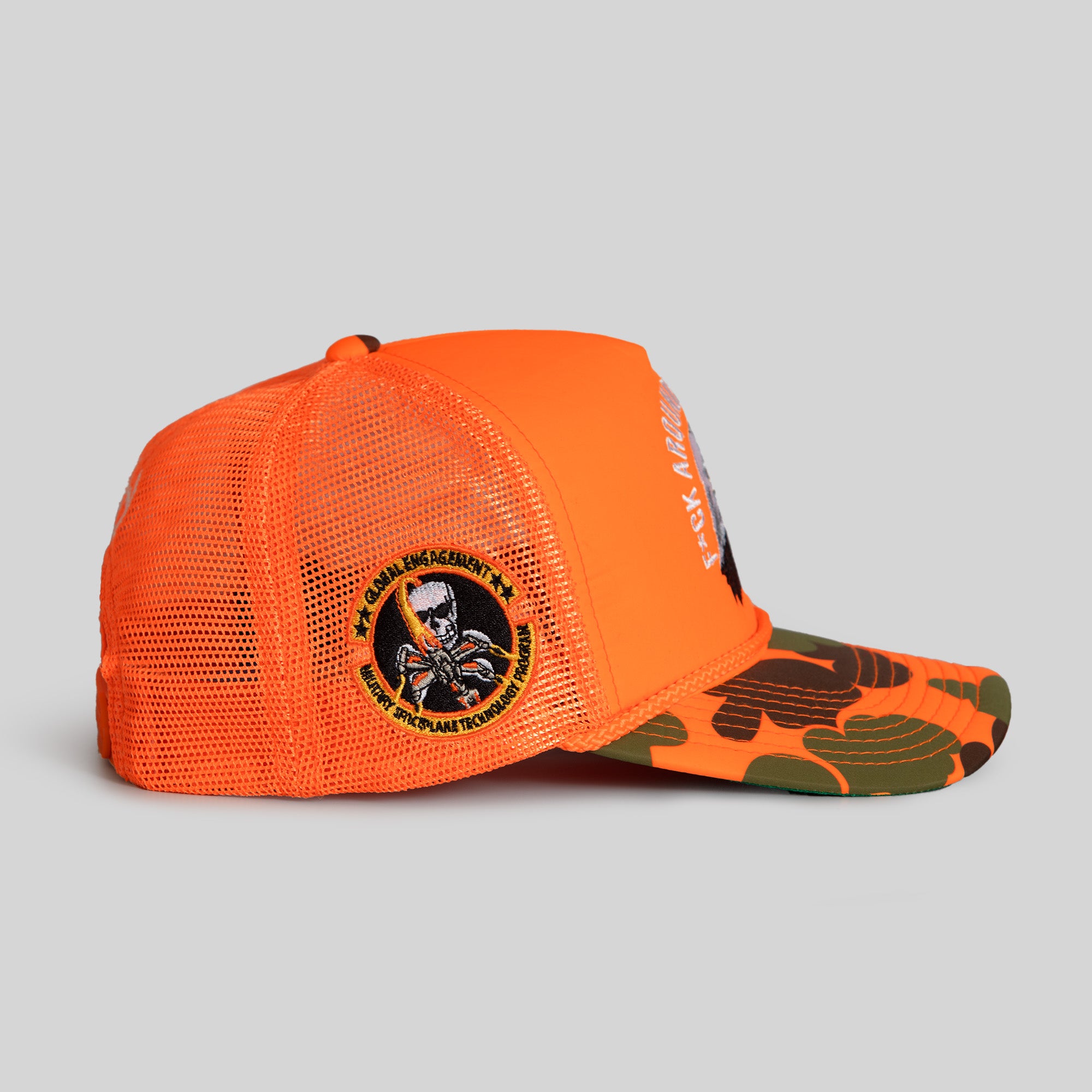 F*CK AROUND AND FIND OUT ORANGE DUCK CAMO FOAM TRUCKER