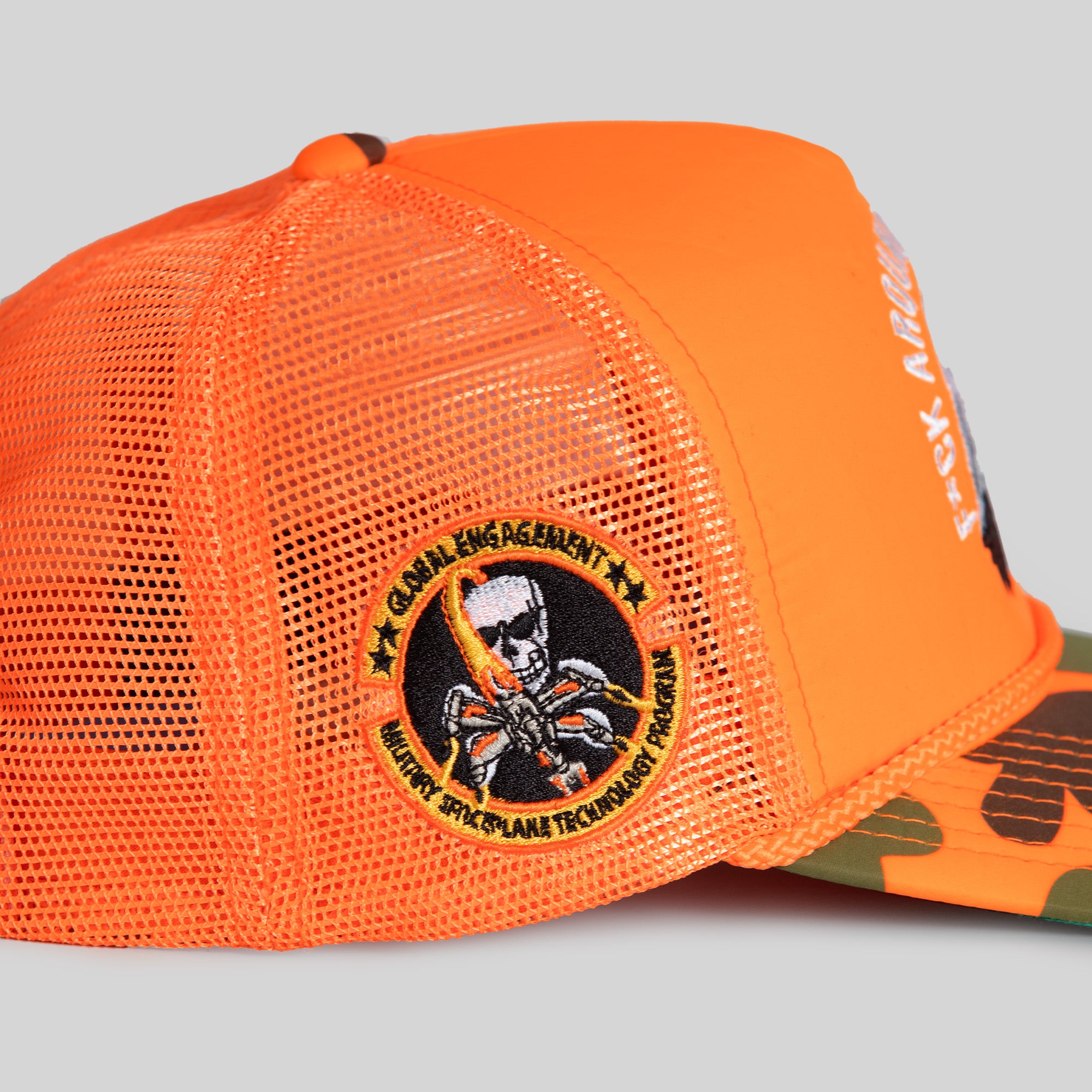 F*CK AROUND AND FIND OUT ORANGE DUCK CAMO FOAM TRUCKER