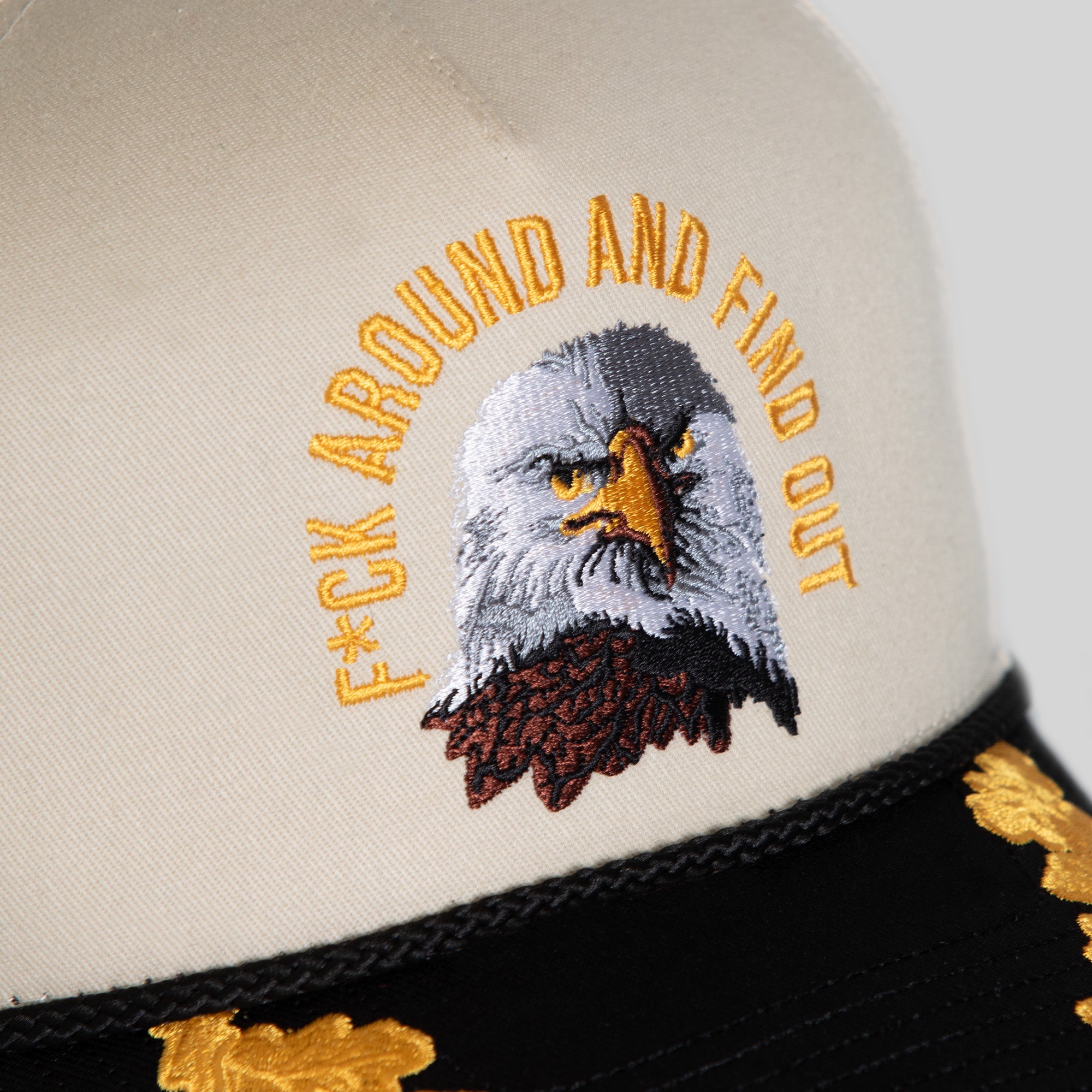 F*CK AROUND AND FIND OUT SAND BLACK TWILL TRUCKER