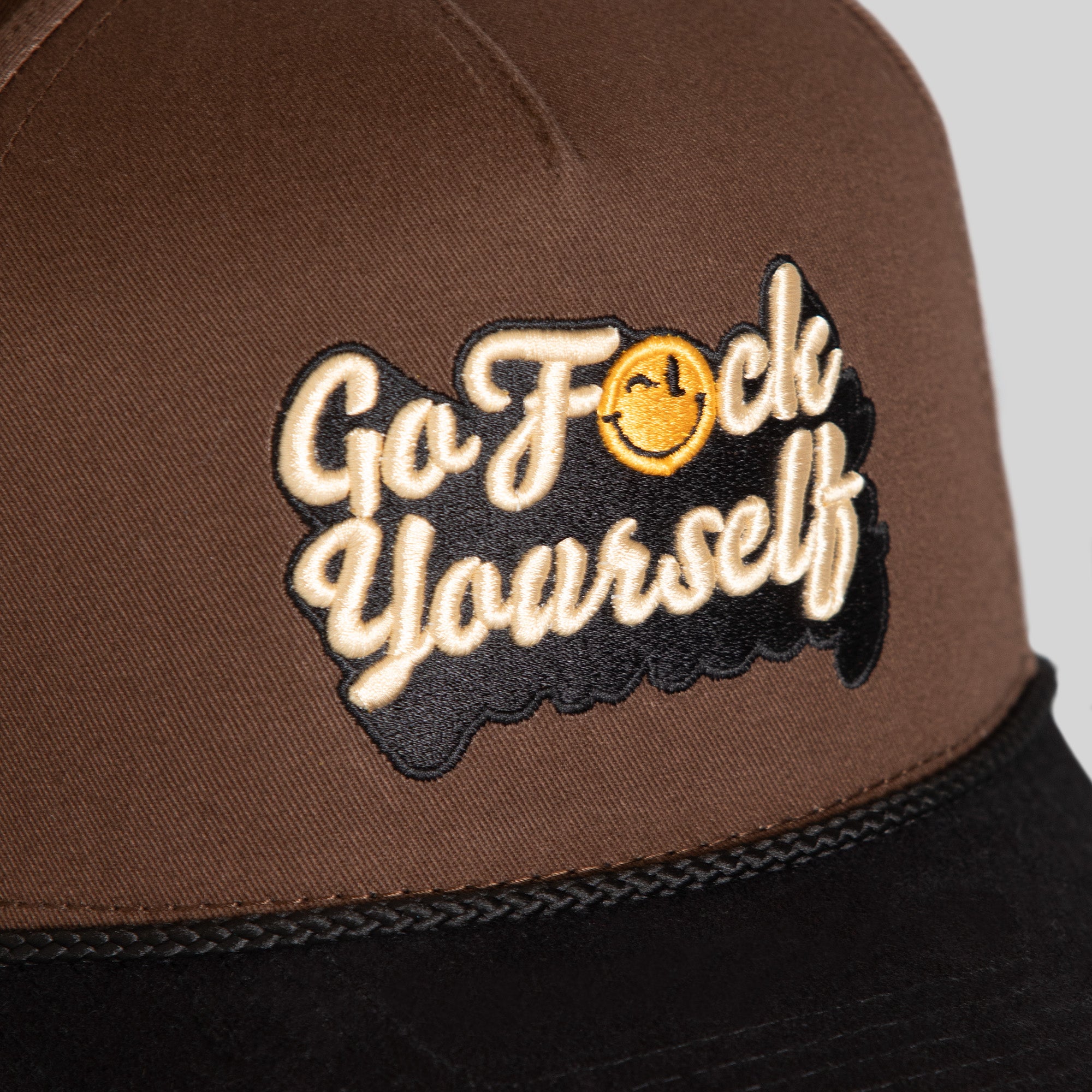 GO F*CK YOURSELF MOCHA BLACK TWILL SUEDE TRUCKER