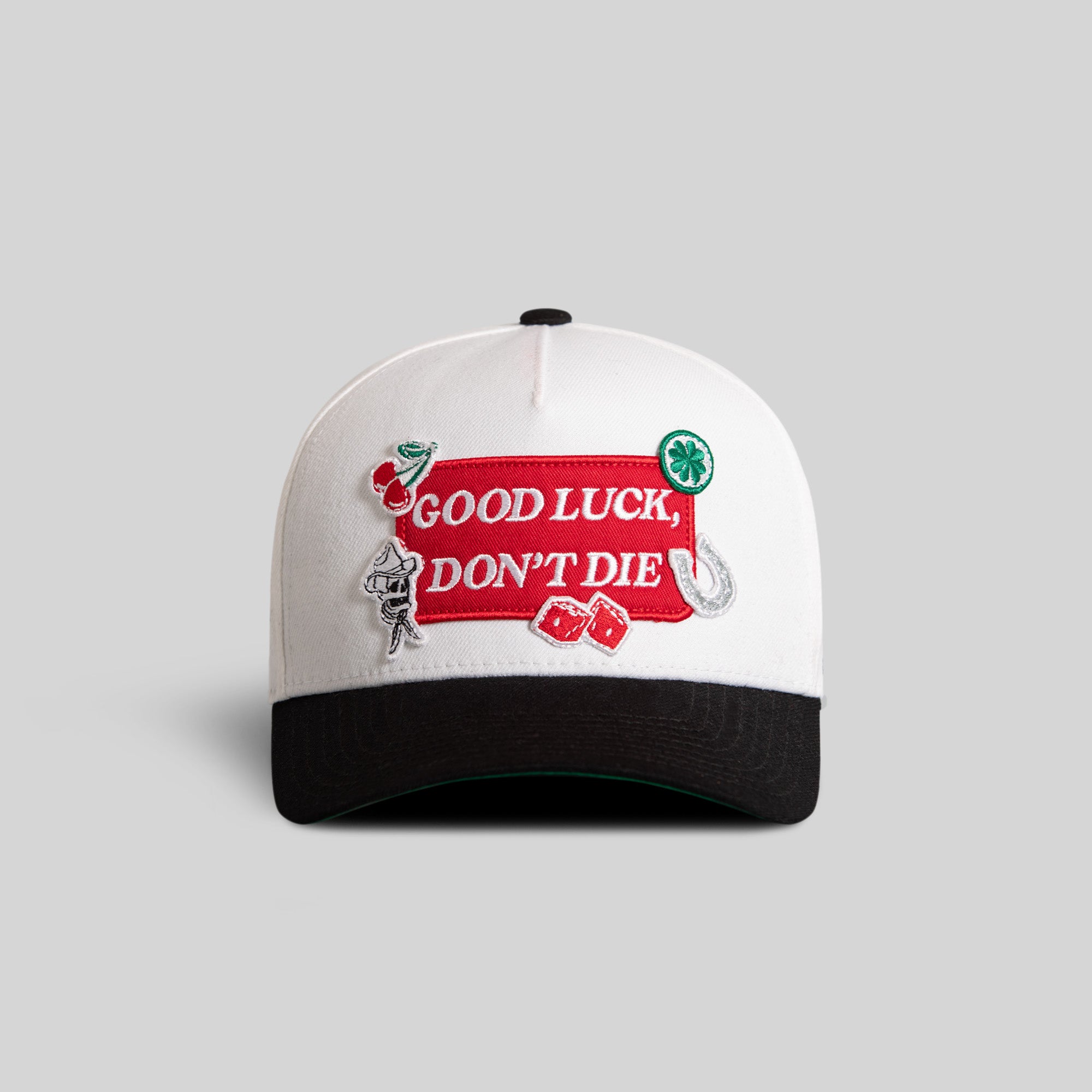 GOOD LUCK DON'T DIE OFF WHITE BLACK WOOL TRUCKER