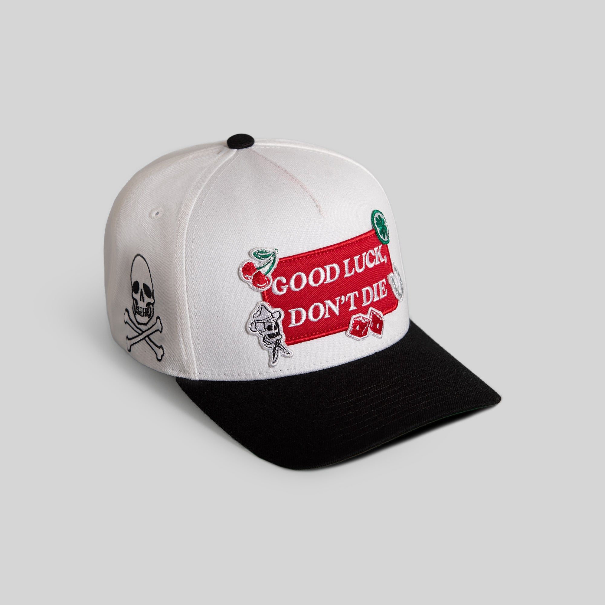 GOOD LUCK DON'T DIE OFF WHITE BLACK WOOL TRUCKER