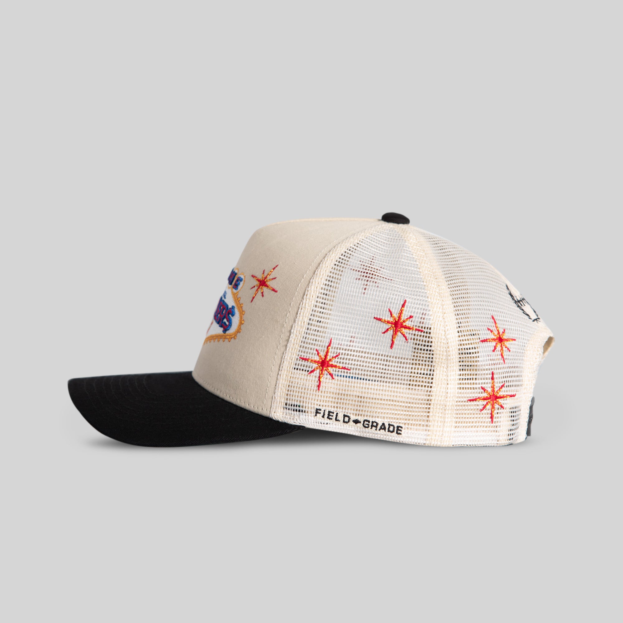 HIGH ROLLERS SAND BLACK TWILL MESH TRUCKER