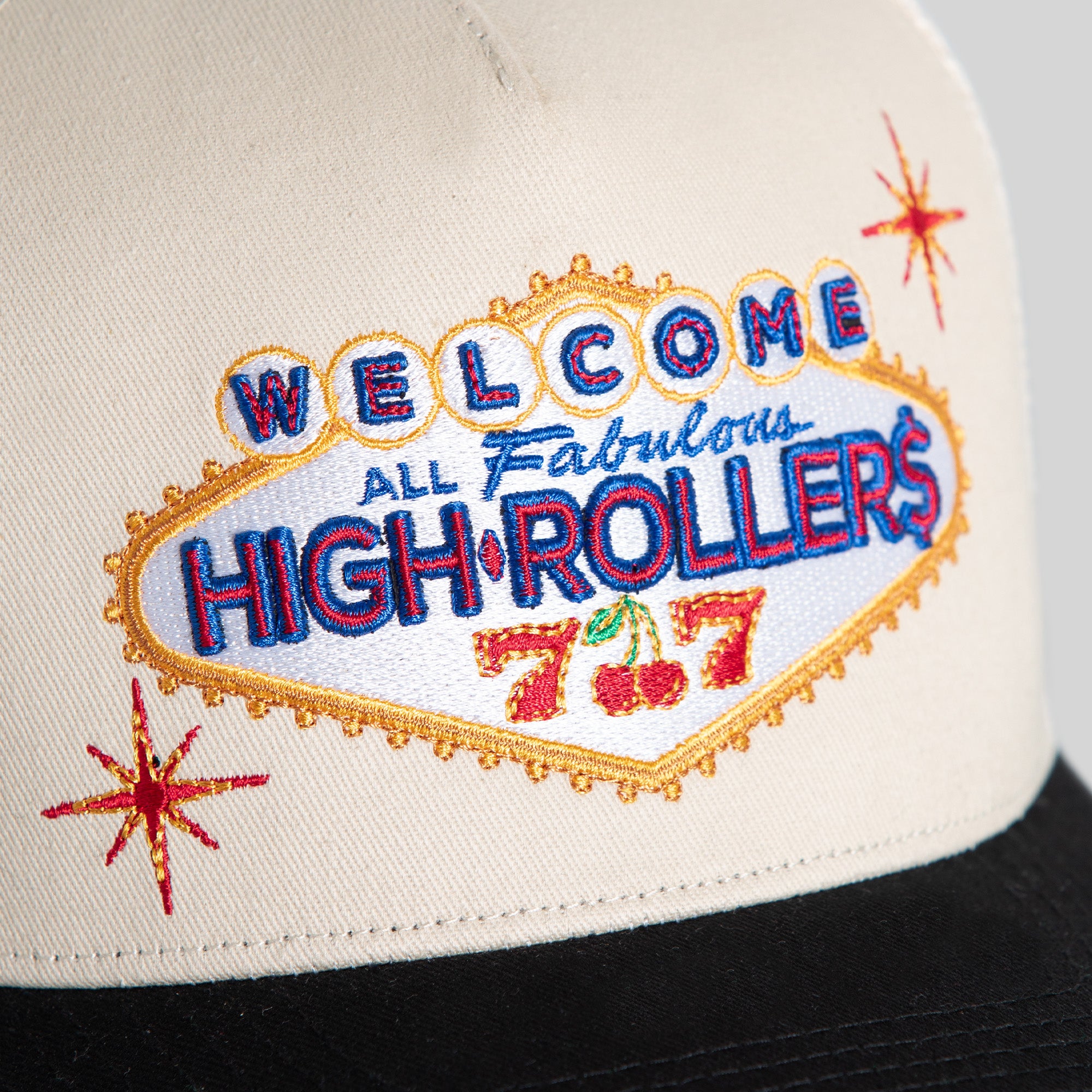 HIGH ROLLERS SAND BLACK TWILL MESH TRUCKER