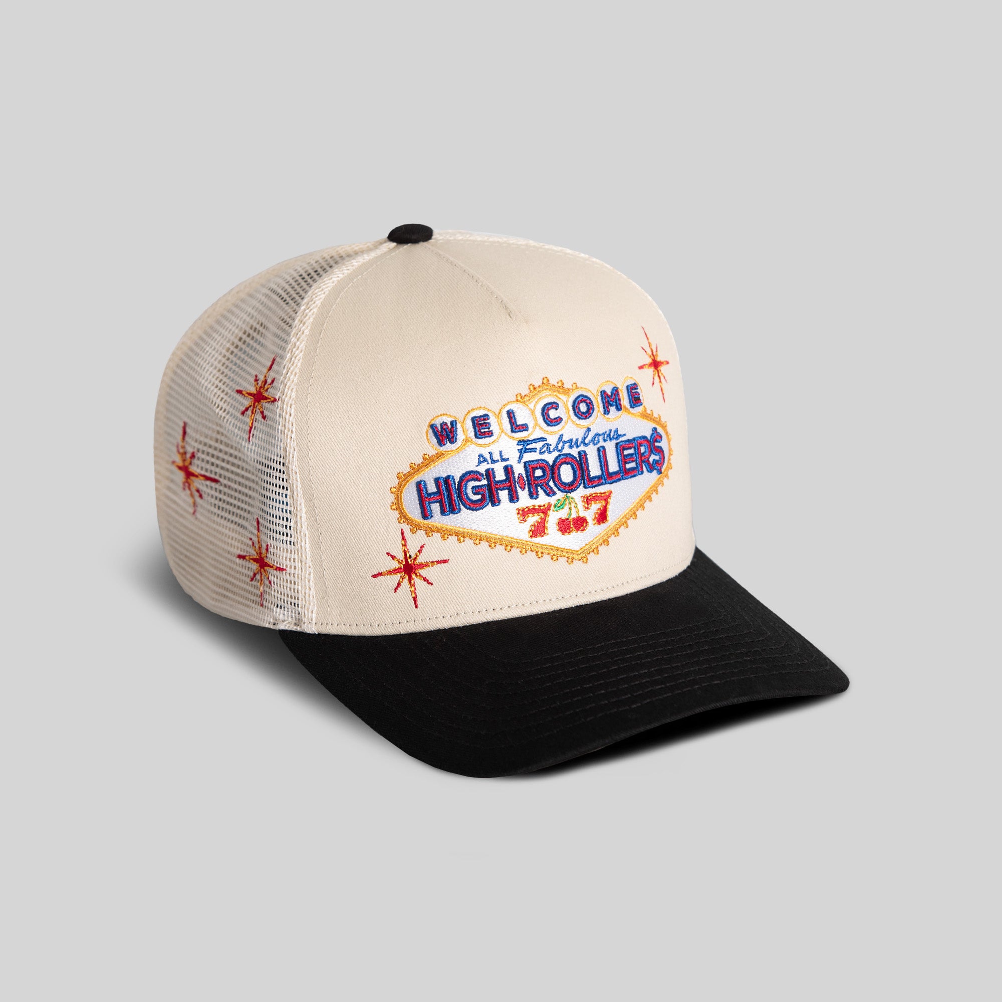 HIGH ROLLERS SAND BLACK TWILL MESH TRUCKER