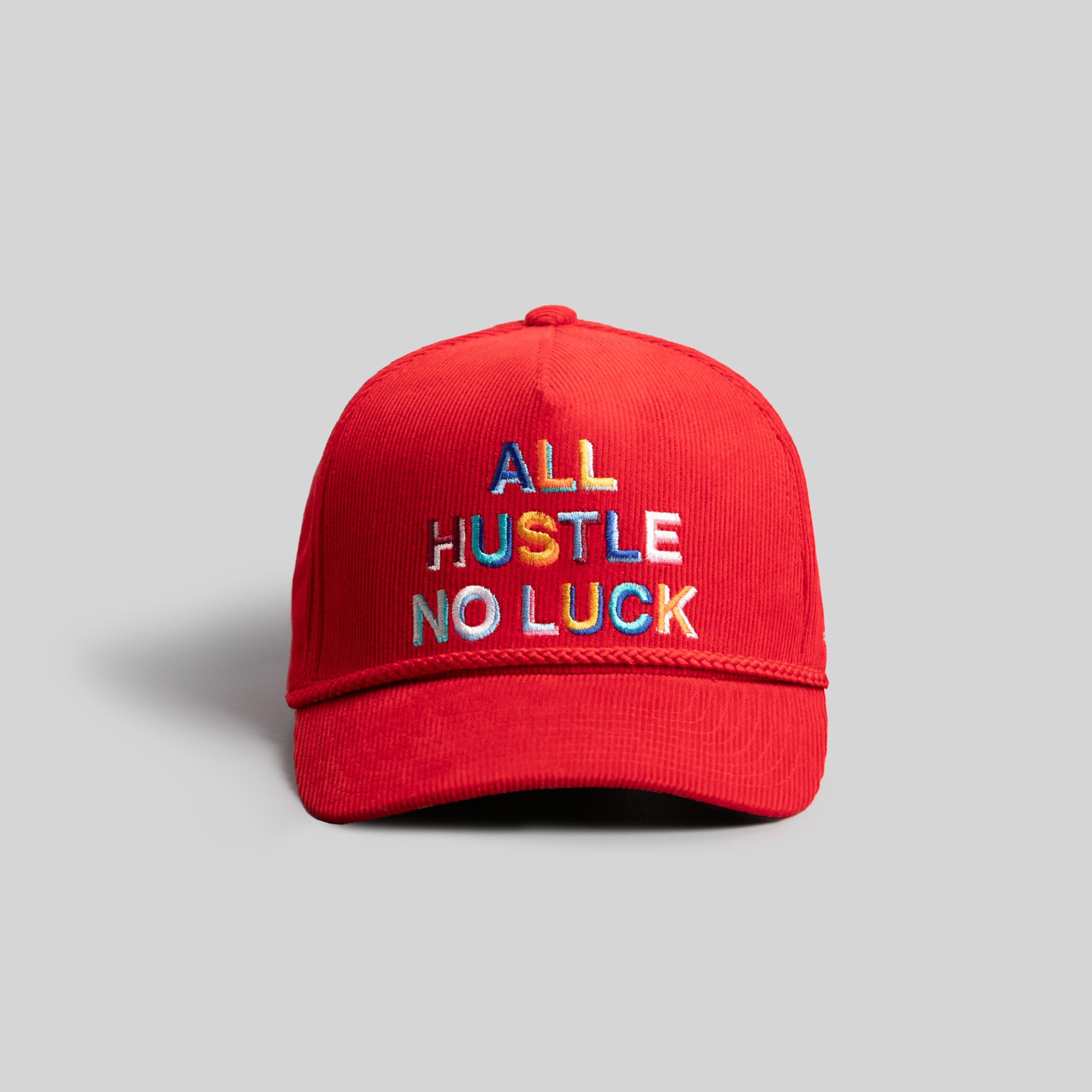 ALL HUSTLE NO LUCK RED CORDUROY TRUCKER HAT