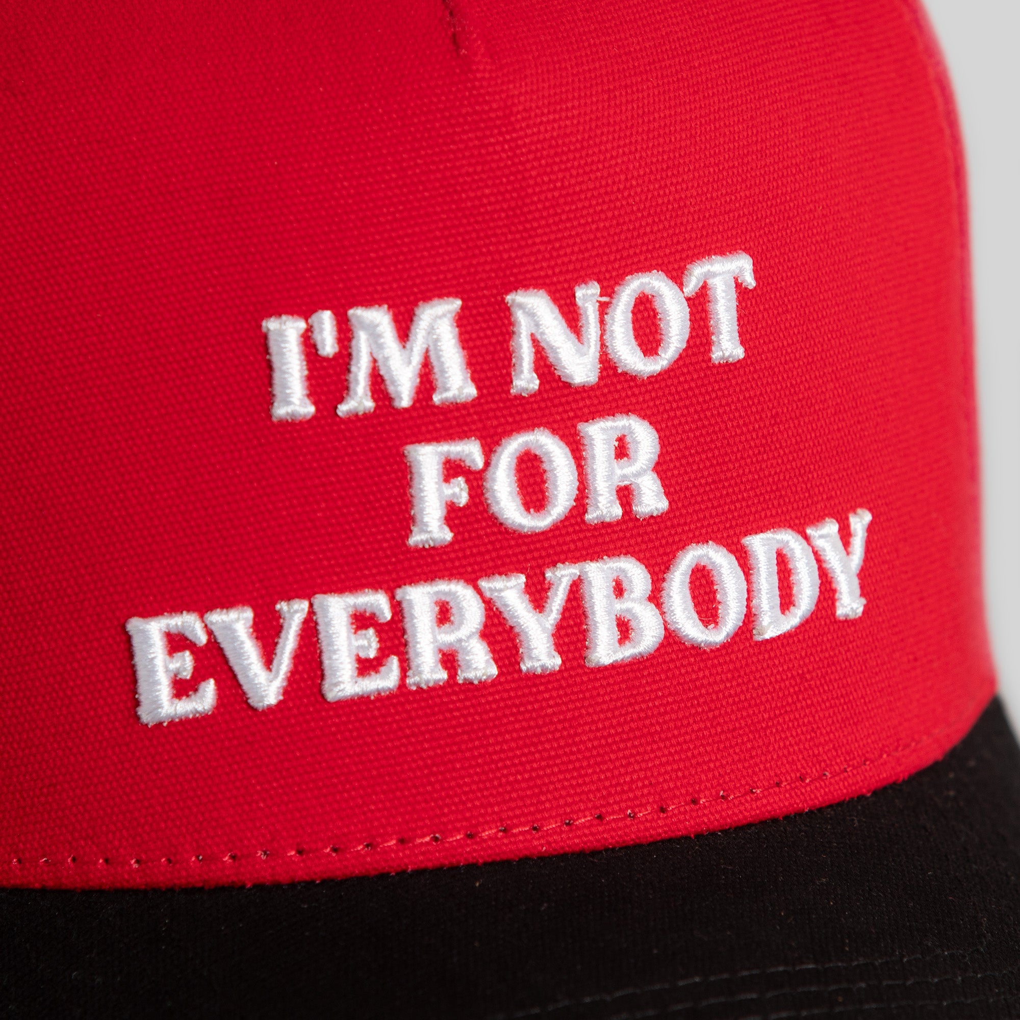 I'M NOT FOR EVERYBODY VARSITY RED BLACK DUCK CANVAS TRUCKER