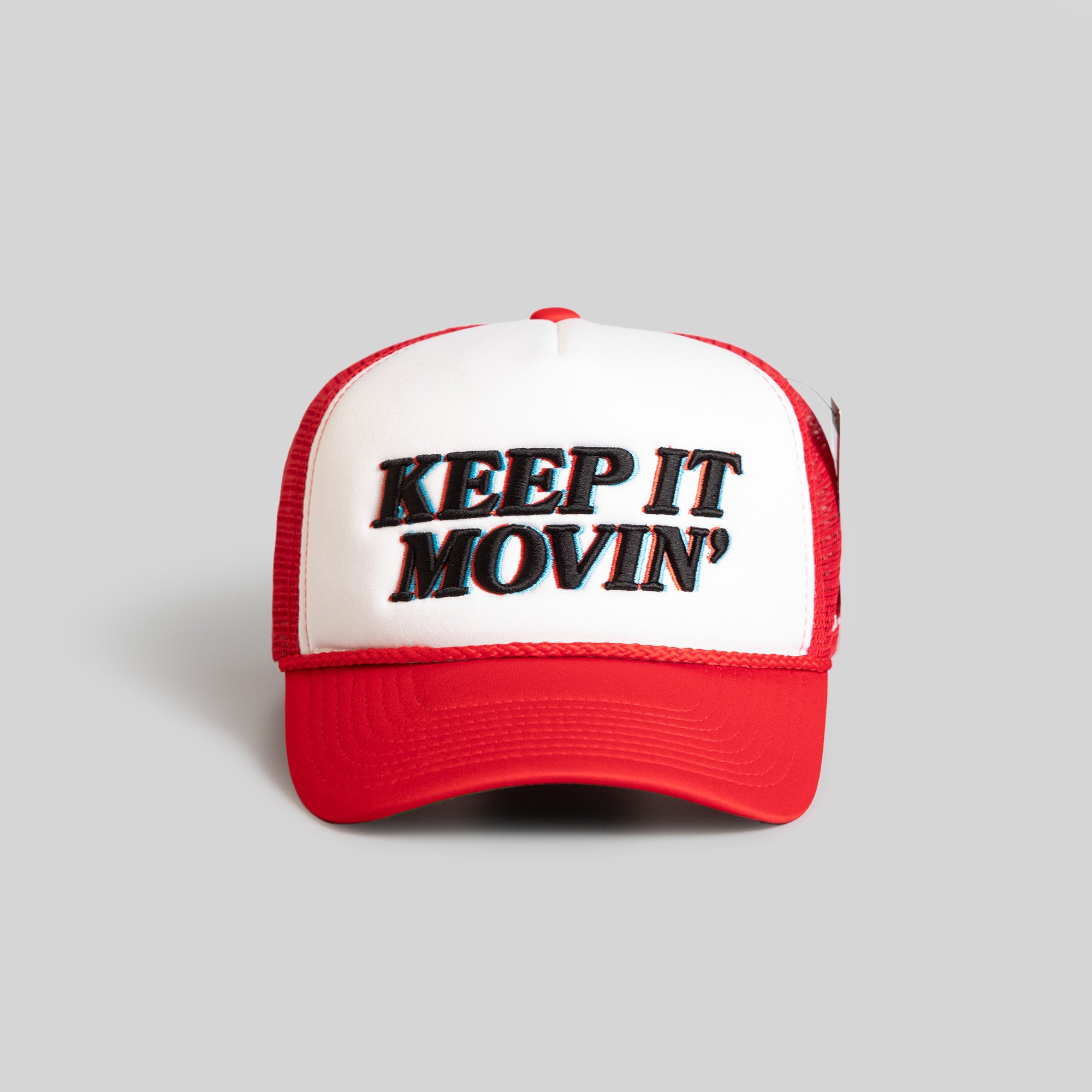 KEEP IT MOVIN' WHITE RED TRUCKER HAT