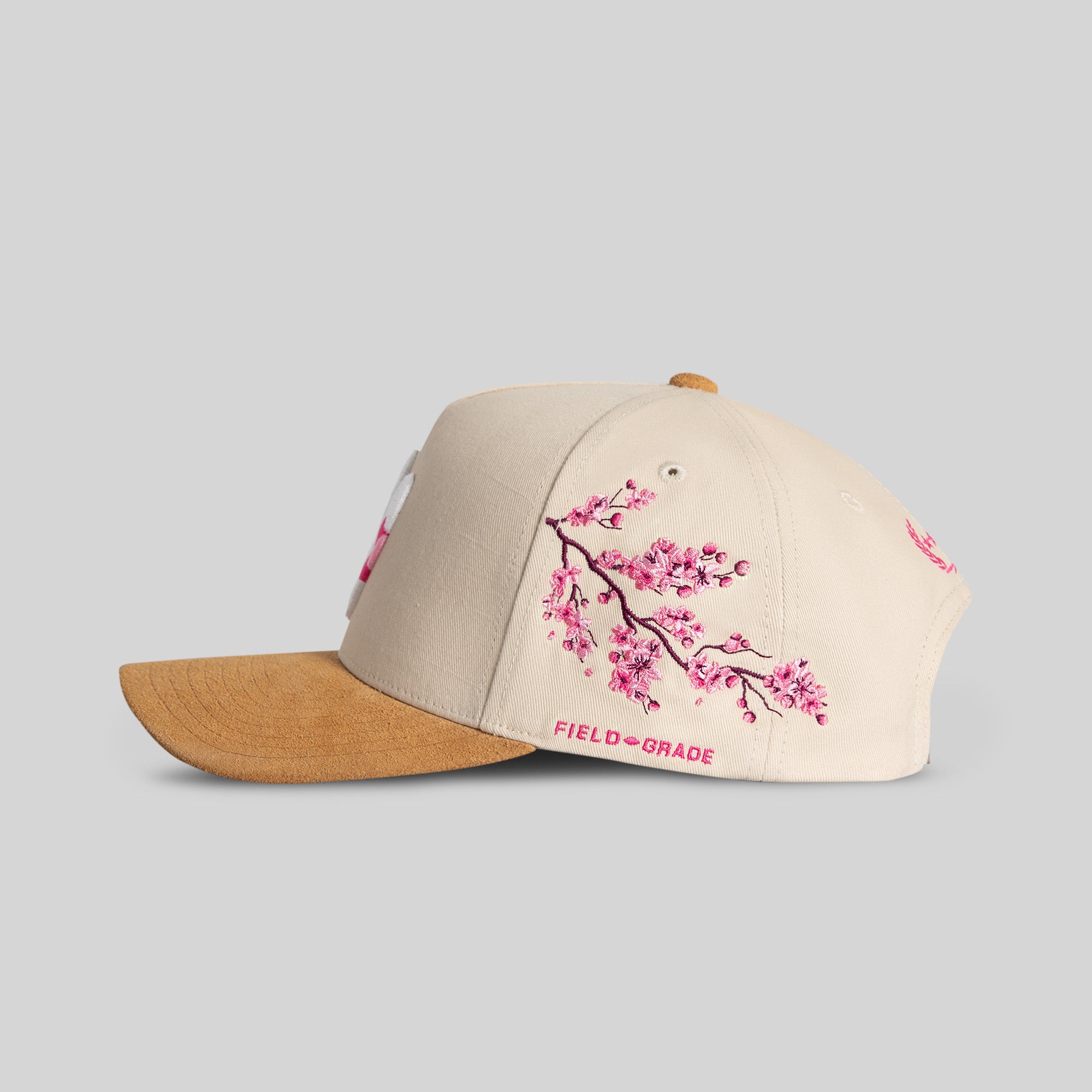 FIELD GRADE X KURVE STUDIO NY IS HEALING CHERRY BLOSSOM TWILL SUEDE TRUCKER