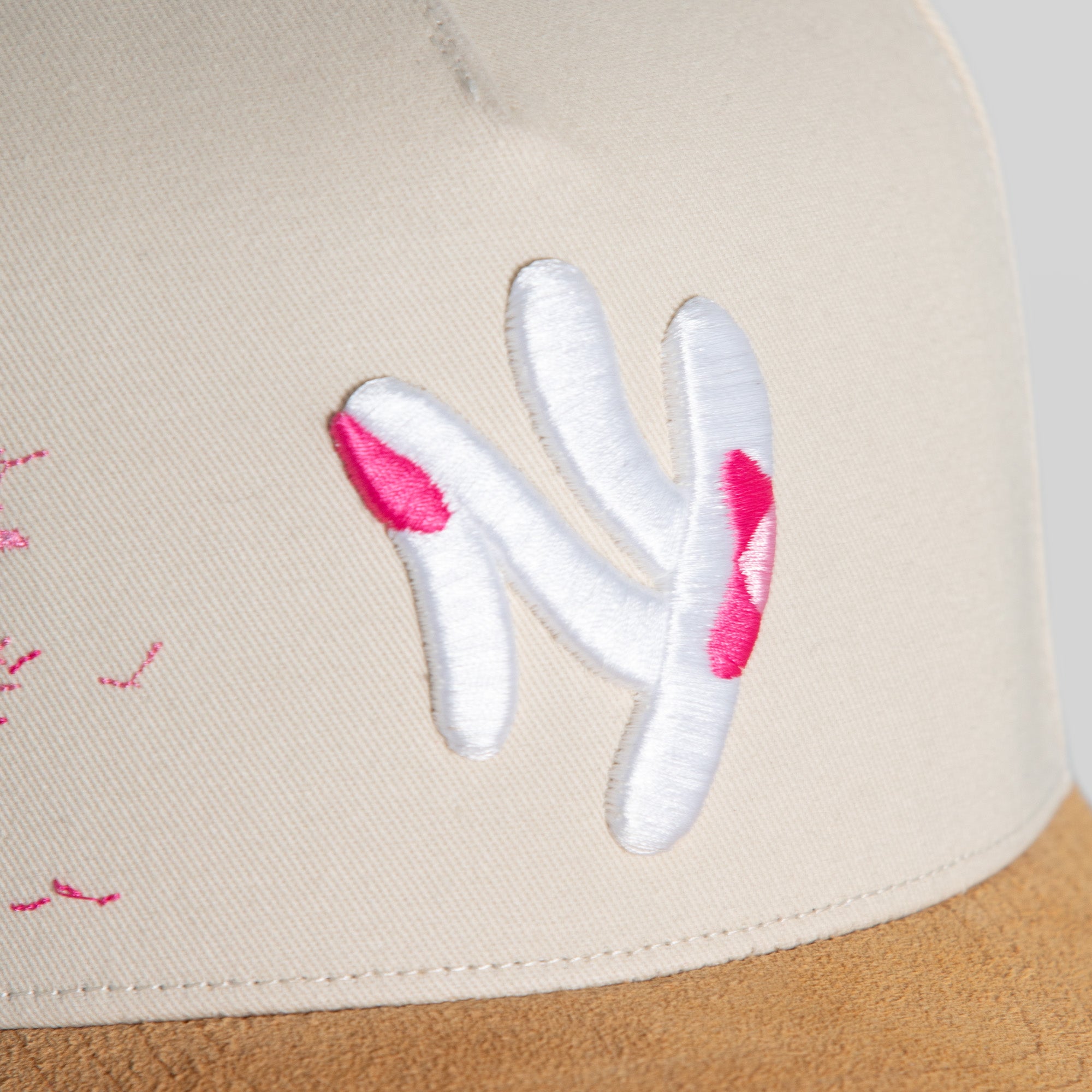 FIELD GRADE X KURVE STUDIO NY IS HEALING CHERRY BLOSSOM TWILL SUEDE TRUCKER