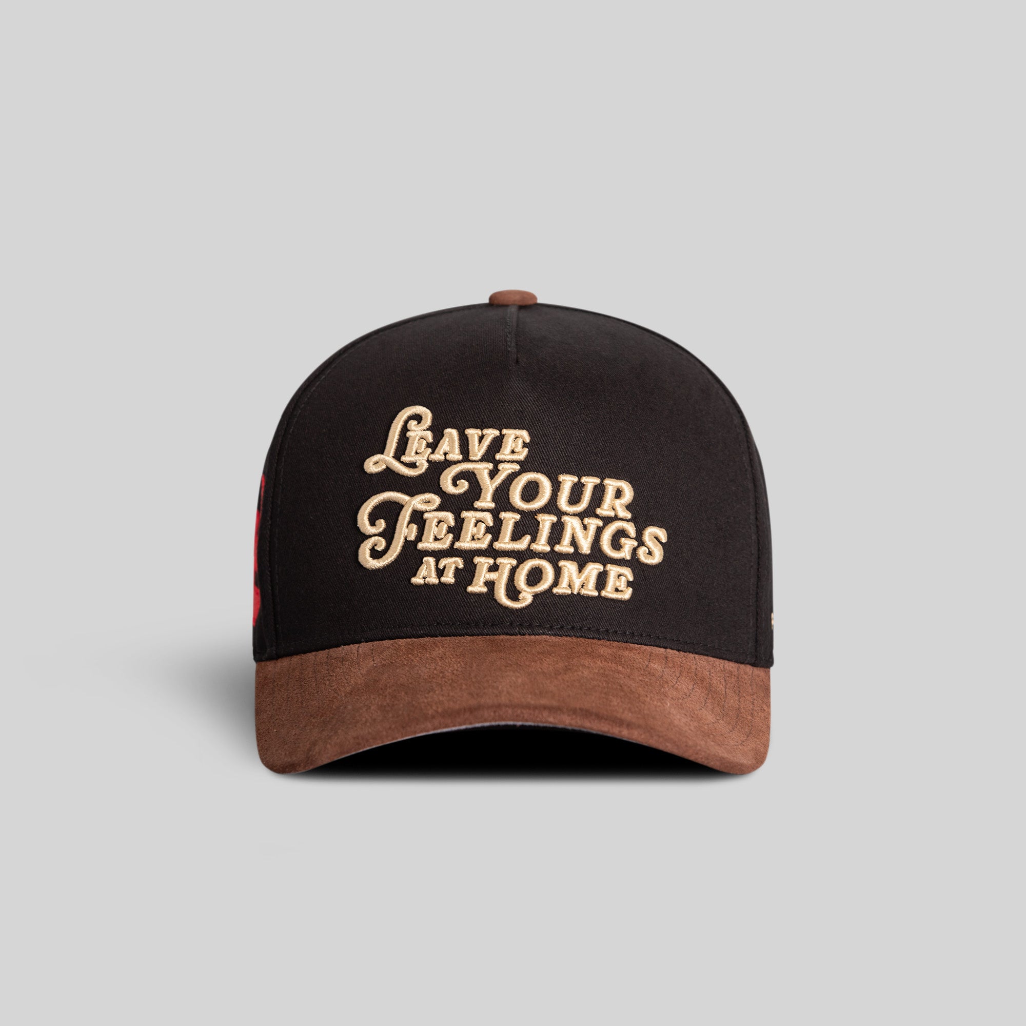 LEAVE YOUR FEELINGS BLACK MOCHA TWILL SUEDE TRUCKER