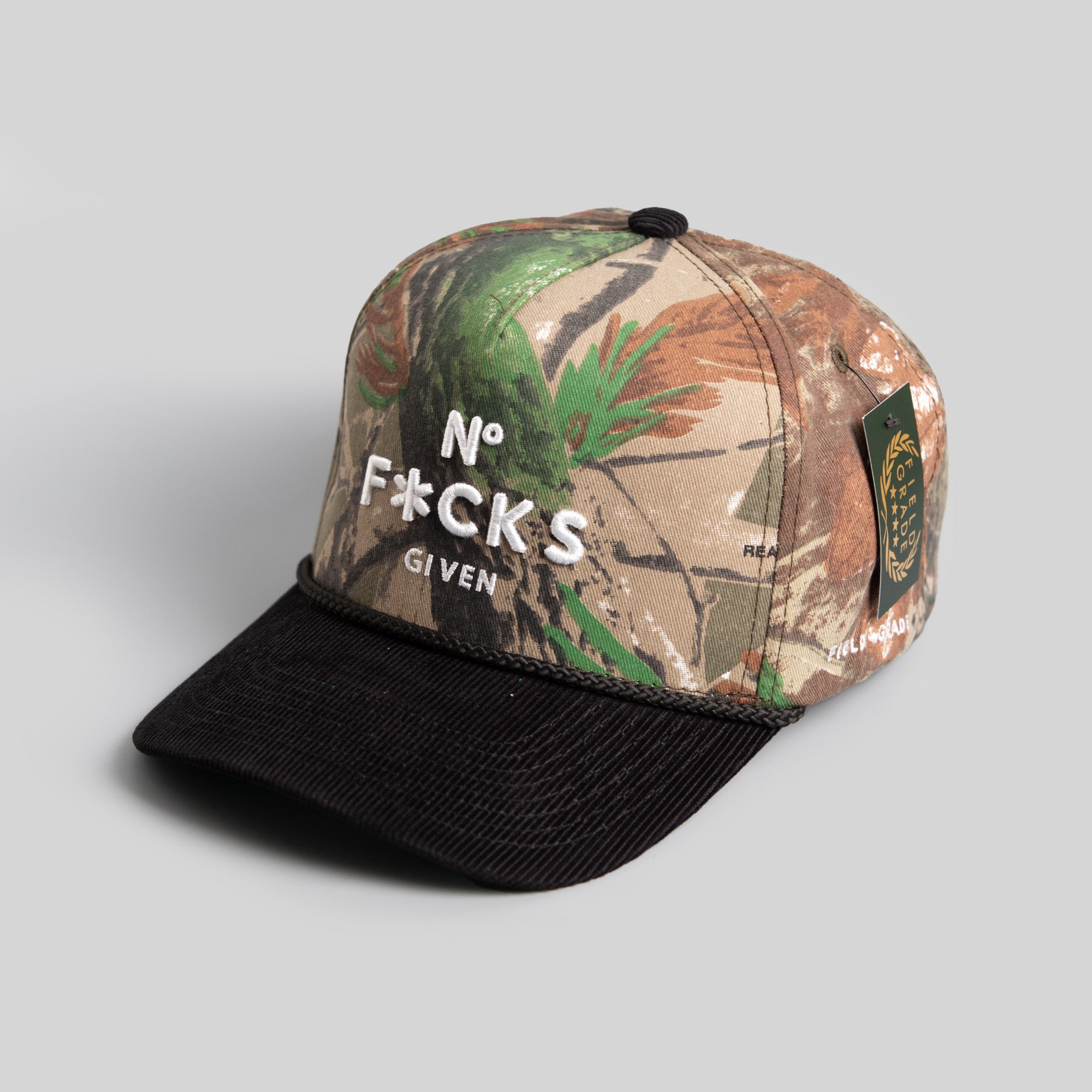 NO F*CKS GIVEN CAMO/BLACK TRUCKER HAT