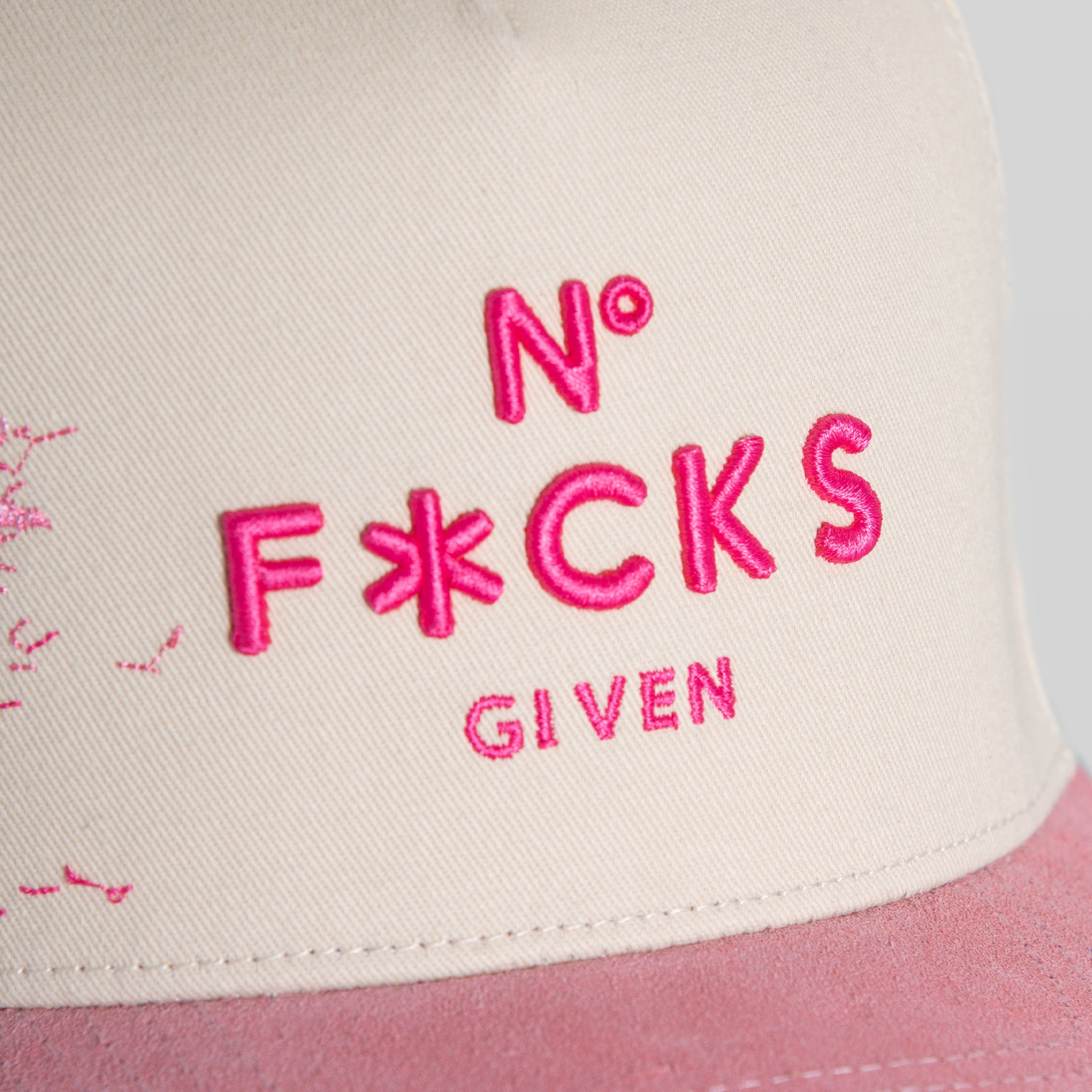 NO F*CKS GIVEN CHERRY BLOSSOM TWILL SUEDE TRUCKER