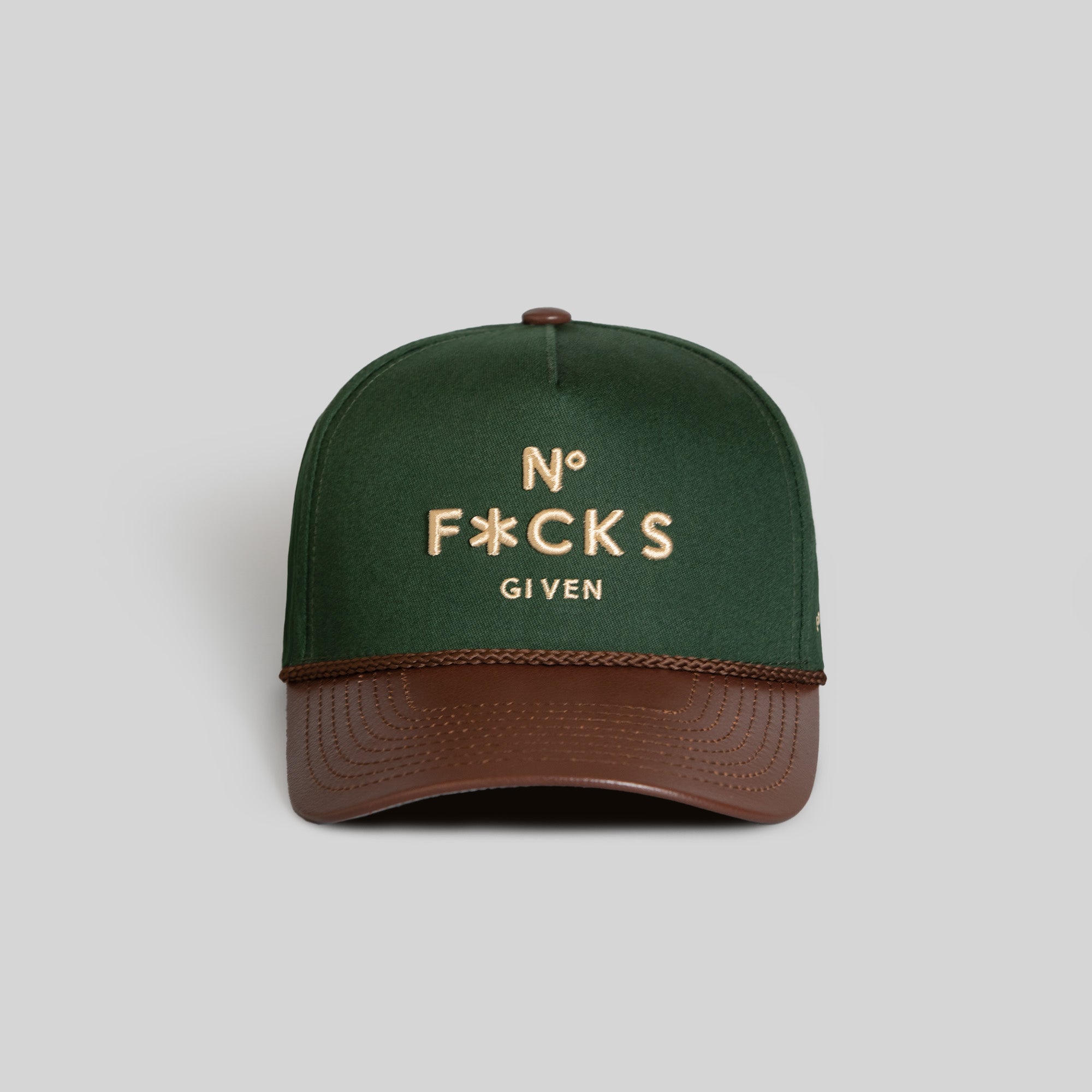 NO F*CKS GIVEN FG GREEN MOCHA TWILL LEATHER TRUCKER HAT