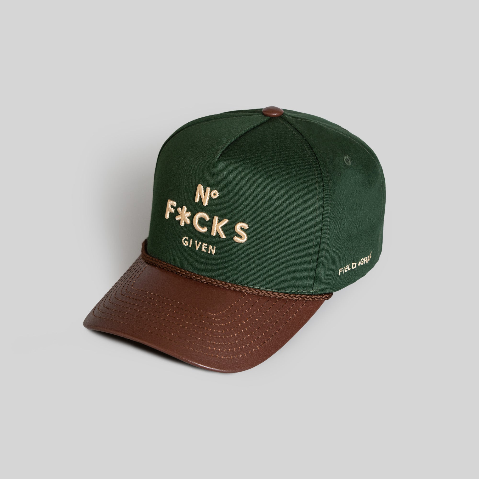 NO F*CKS GIVEN FG GREEN MOCHA TWILL LEATHER TRUCKER HAT