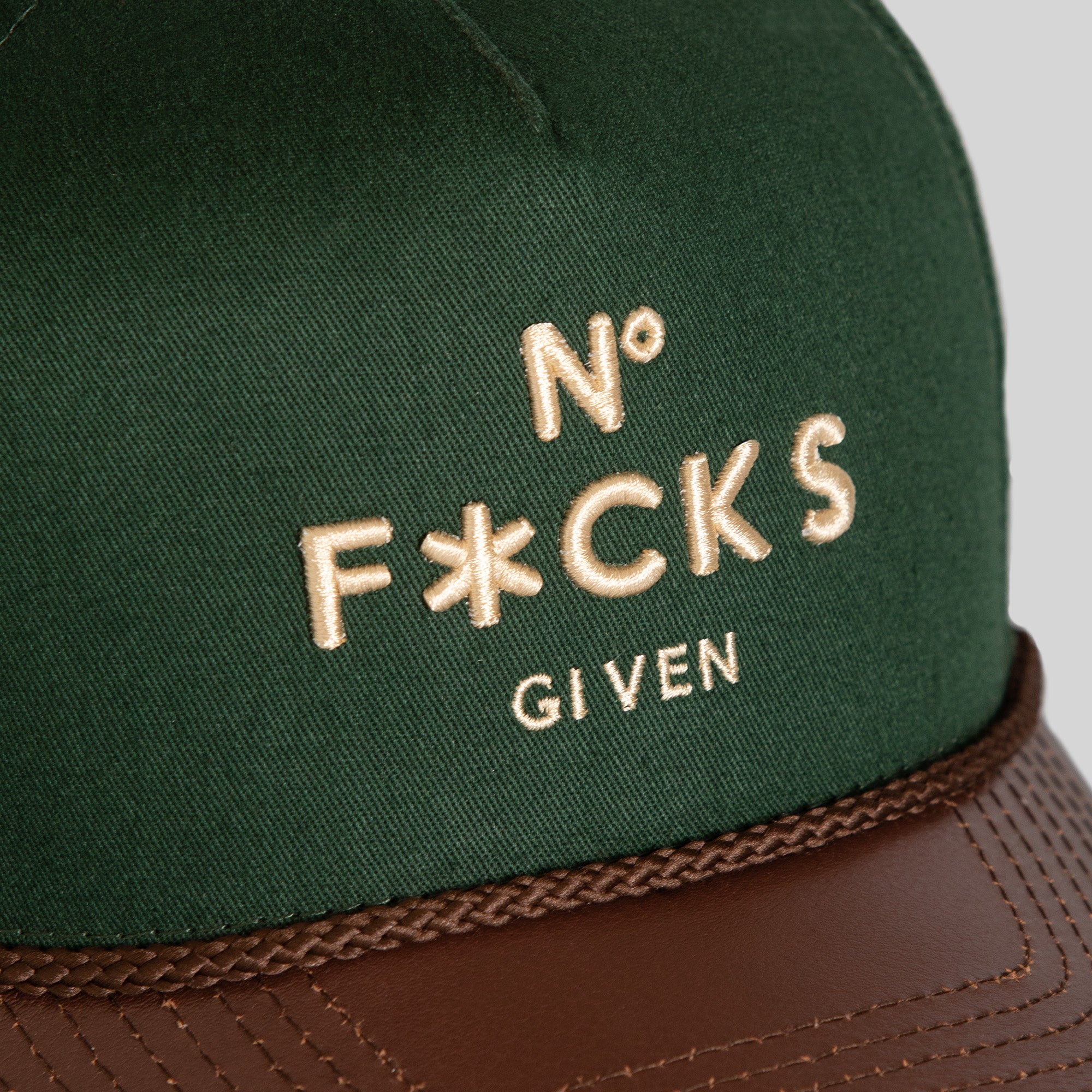 NO F*CKS GIVEN FG GREEN MOCHA TWILL LEATHER TRUCKER HAT