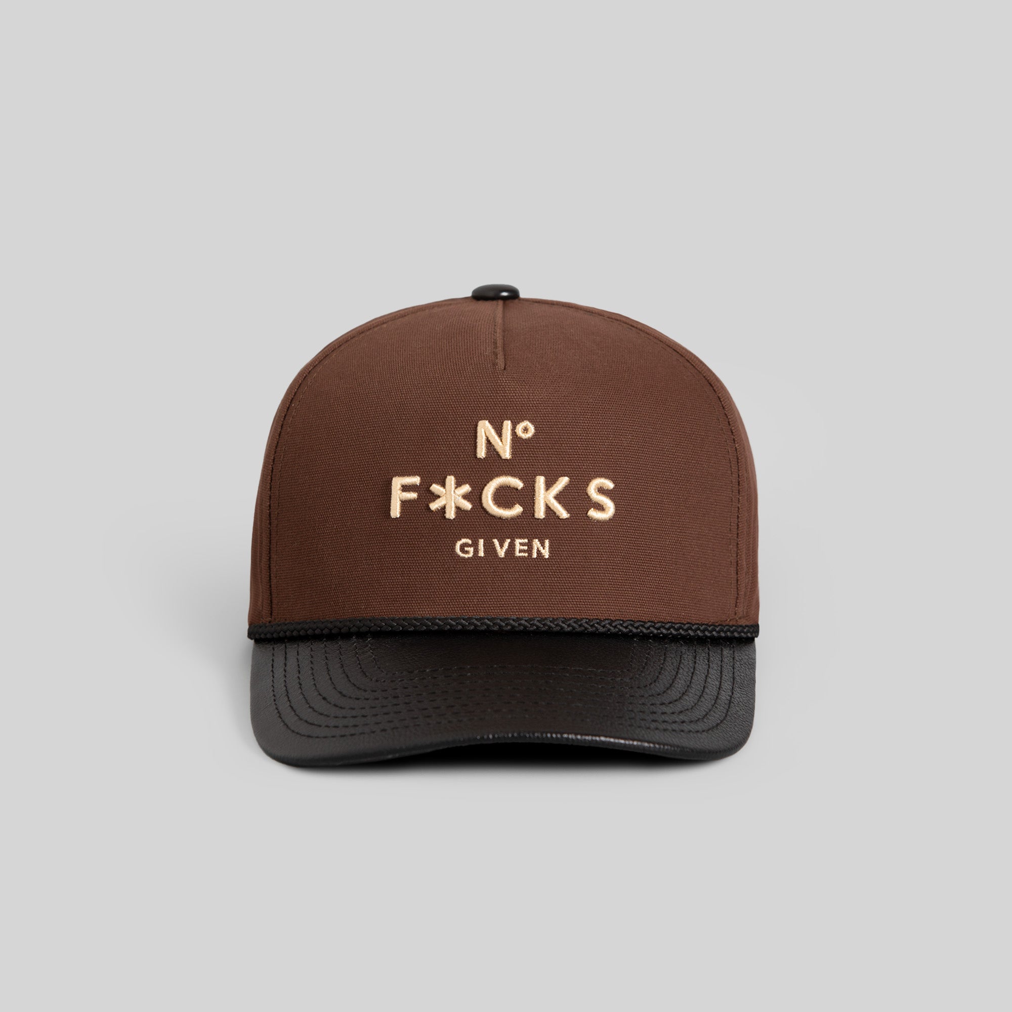 NO F*CKS GIVEN MOCHA BLACK DUCK CANVAS LEATHER TRUCKER HAT