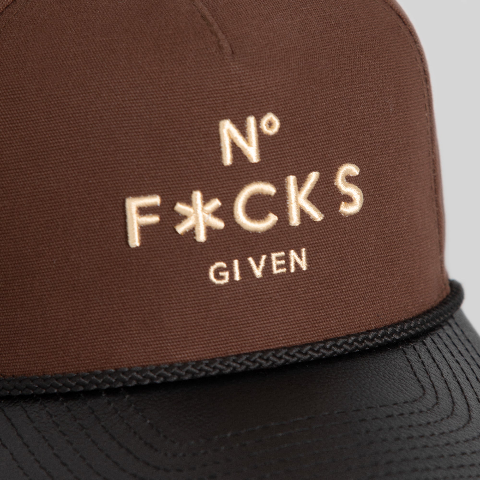 NO F*CKS GIVEN MOCHA BLACK DUCK CANVAS LEATHER TRUCKER HAT