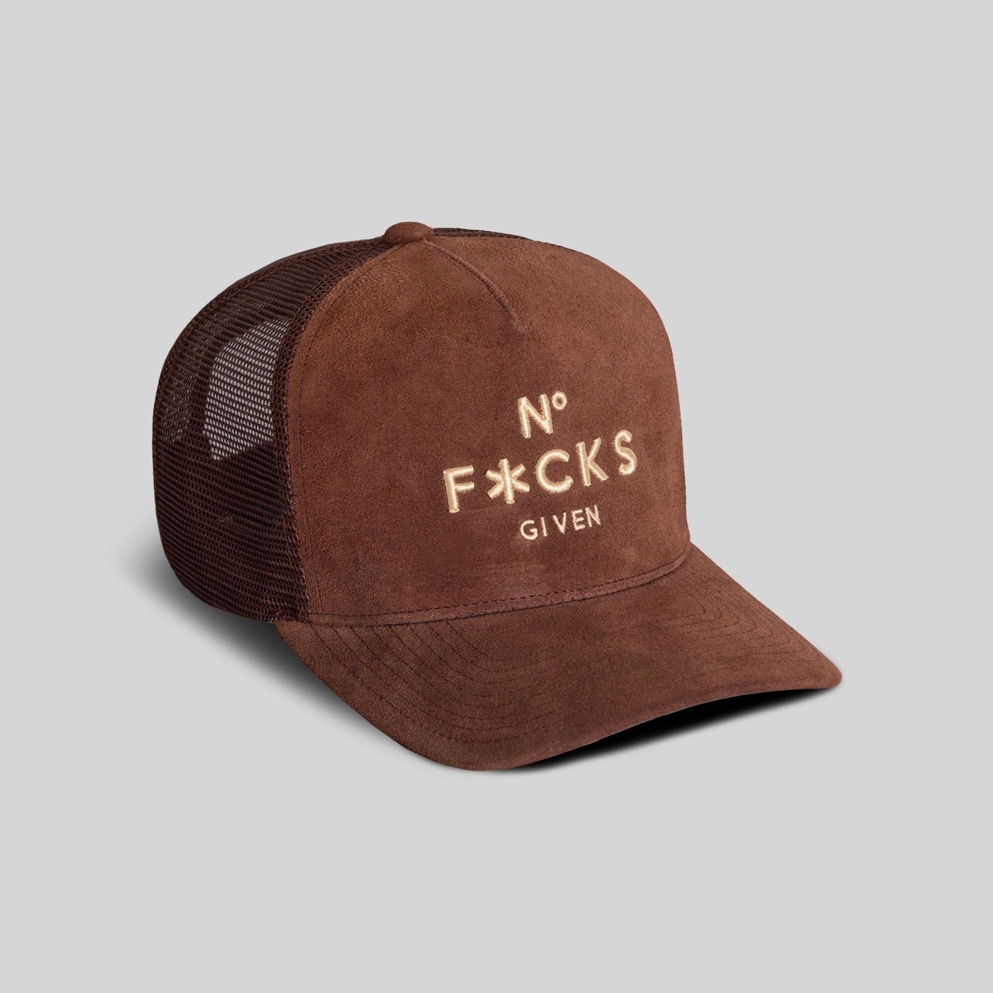 NO F*CKS GIVEN MOCHA SUEDE MESH TRUCKER