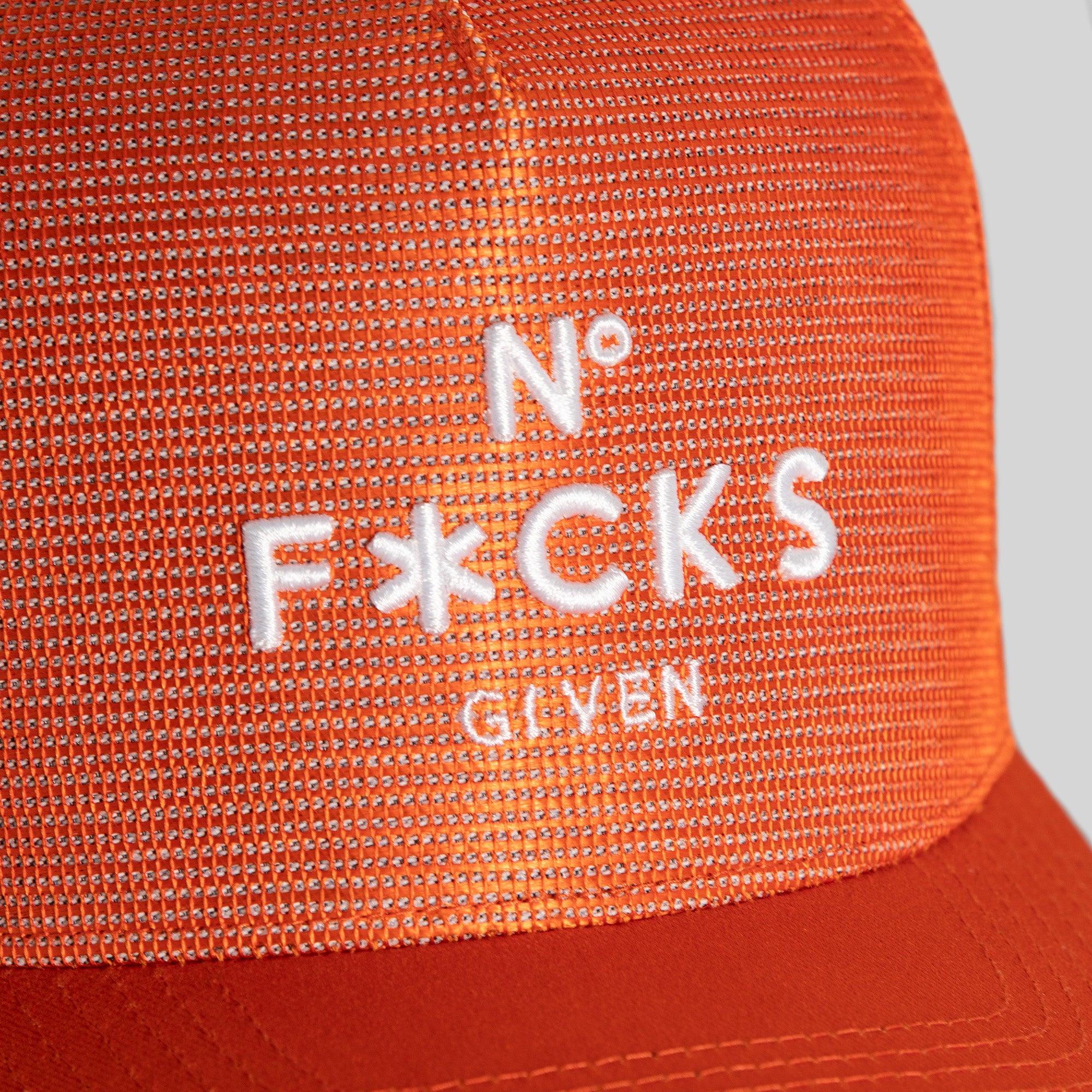 NO F*CKS GIVEN ORANGE MESH CROWN TRUCKER